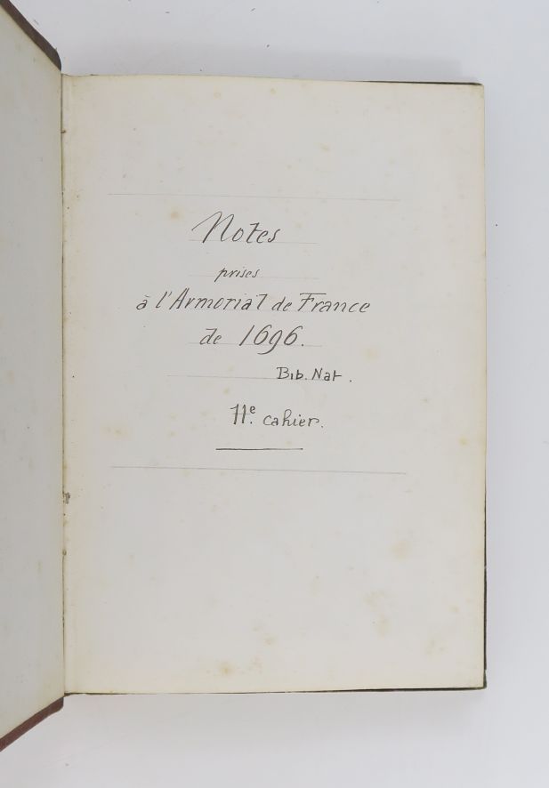 Null 纹章学--手稿。笔记取自1696年的《法国地图》。扃门。Nat. 11e cahier. Sl, sd (mid 19th c.).

手写的小8开本&hellip;