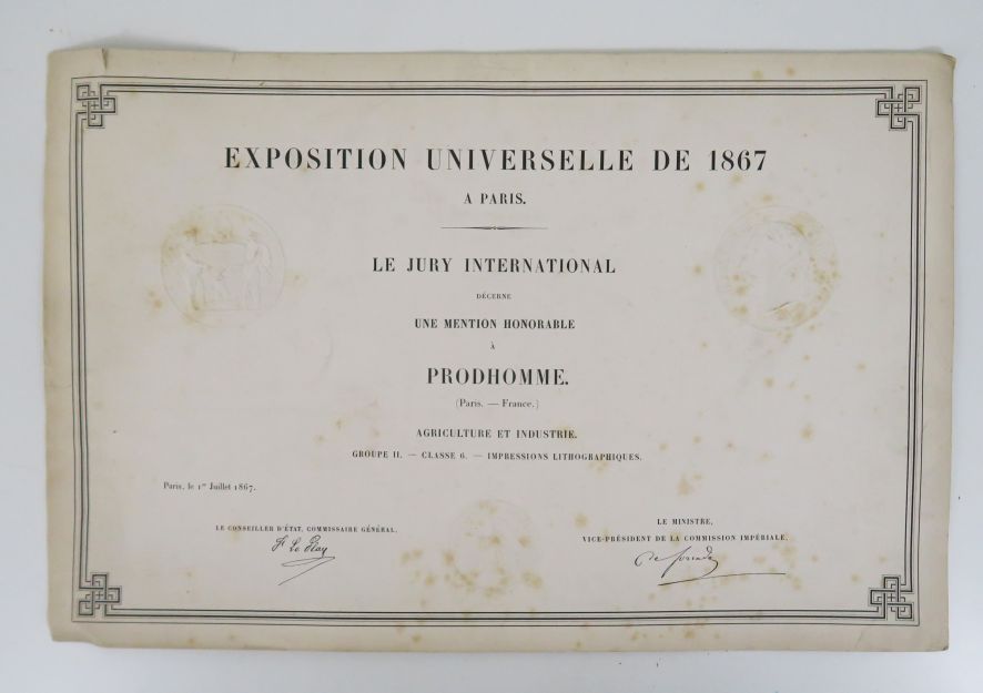Null Weltausstellung von 1867. Große Ehrenurkunde für Prodhomme für lithographis&hellip;