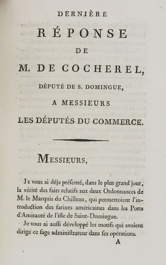 Null West Indies - COCHEREL (Nicolas-Robert de). Last answer of M. De Cocherel, &hellip;