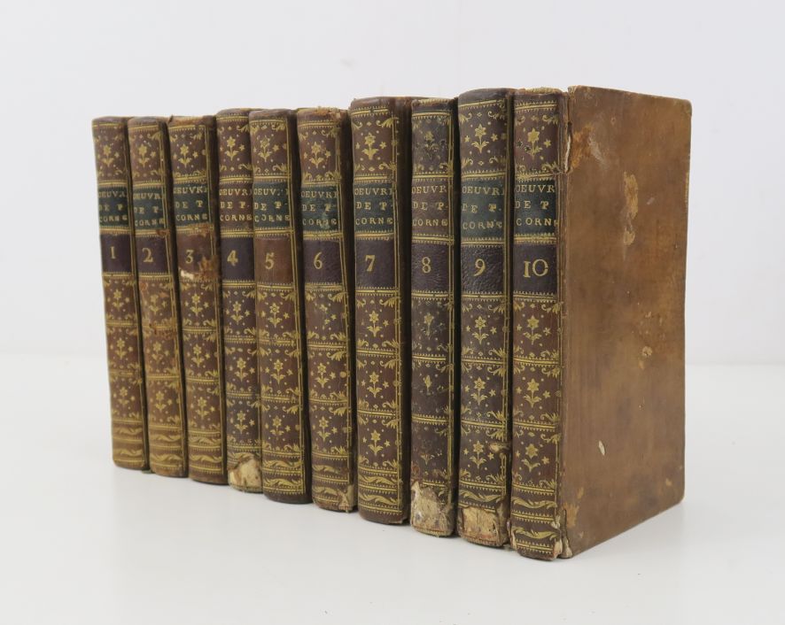 Null CORNEILLE（皮埃尔）。创作。巴黎，杜兰，1758年。

10卷小12开本，棕褐色小牛皮，书脊有装饰，书名和书页为绿色和酒红色大理石，红色抄本（&hellip;
