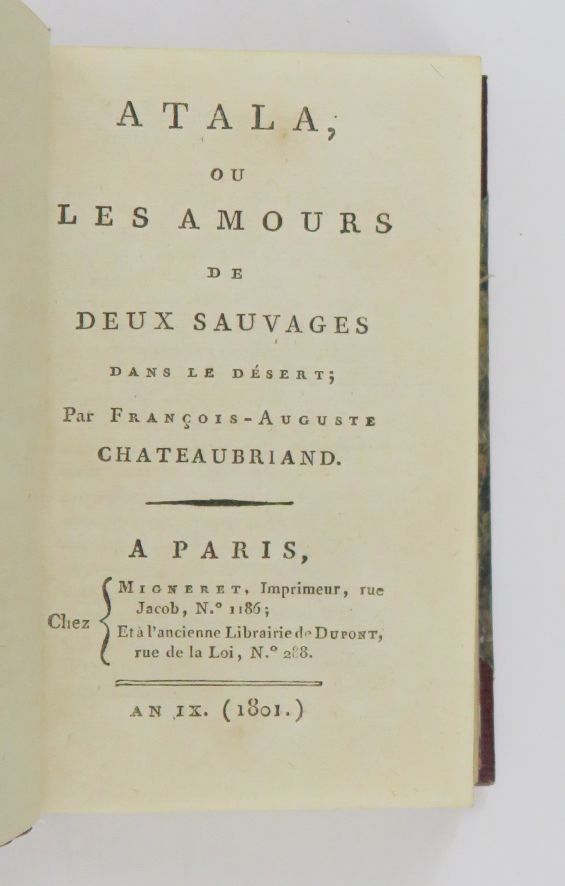 Null CHATEAUBRIAND (François Auguste René de).阿塔拉。巴黎，Migneret和前Dupont书店，1801年。

&hellip;