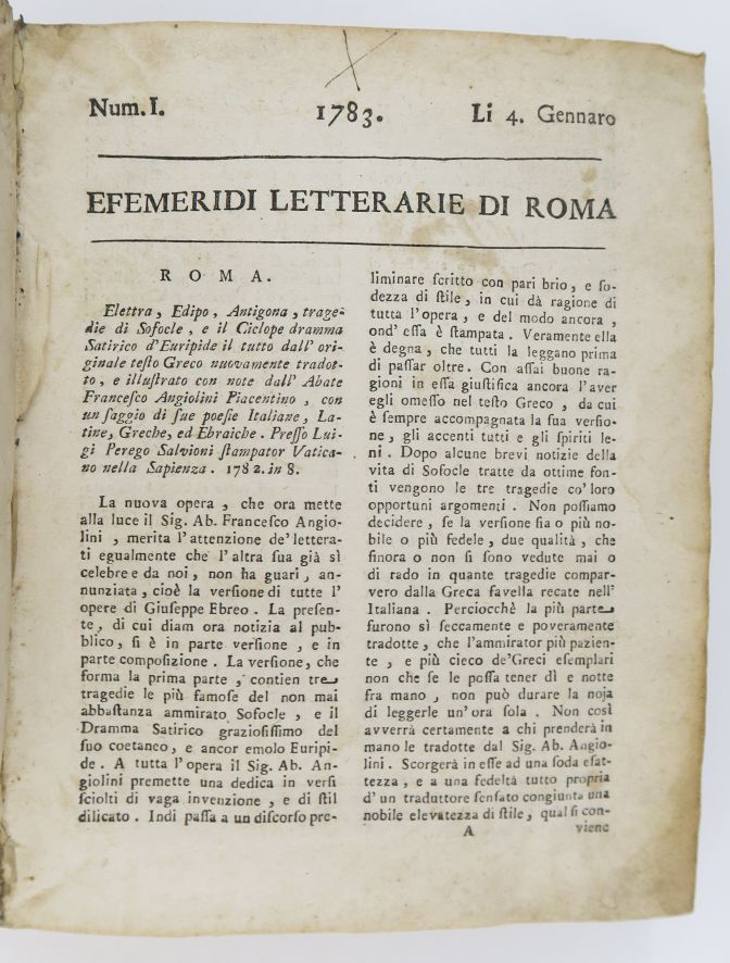 Null [意大利]。Efemeridi letterarie di Roma.[罗马]，sn，1783。

当代象牙色牛皮纸四开本。从第167页到198页不完&hellip;