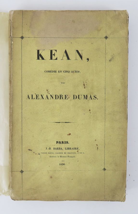 Null 杜马斯（Alexandre）。基恩，五幕喜剧。巴黎，巴尔巴，1836年。

In-8, [3] ff.(假标题和标题，献给阿布兰泰斯公爵夫人)，263&hellip;