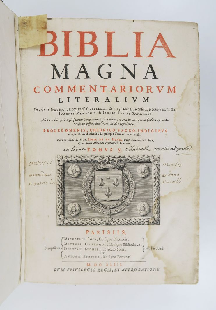Null 圣经》。圣经》注释本......第五册。巴黎，索利、吉列莫特、贝歇和贝尔蒂埃，1643年。

棕色小牛犊的大型内页，书脊上有装饰(时期装订)。磨损的装&hellip;