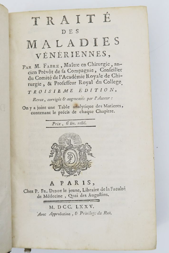 Null FABRE（皮埃尔）。Vénérienes疾病的研究。第三版，由作者修订、纠正和扩大......巴黎，Didot le jeune，1775。

12&hellip;
