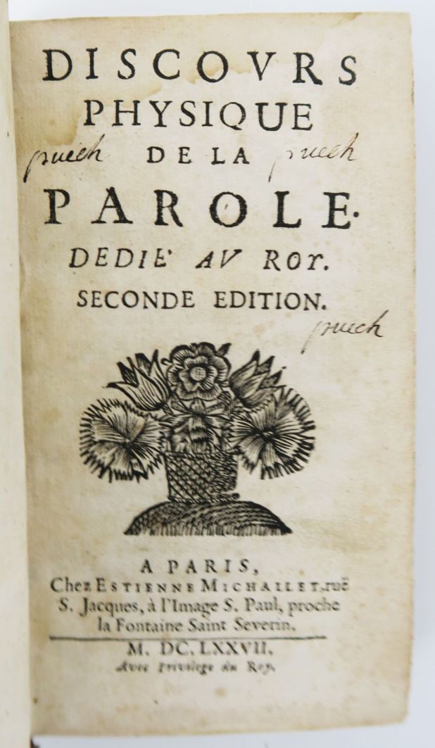 Null [CORDEMOY (Géraud de).讨论生理上的假释，献给罗伊。第二版。巴黎，Michallet，1677年。

12英寸的大理石花纹小牛皮，&hellip;