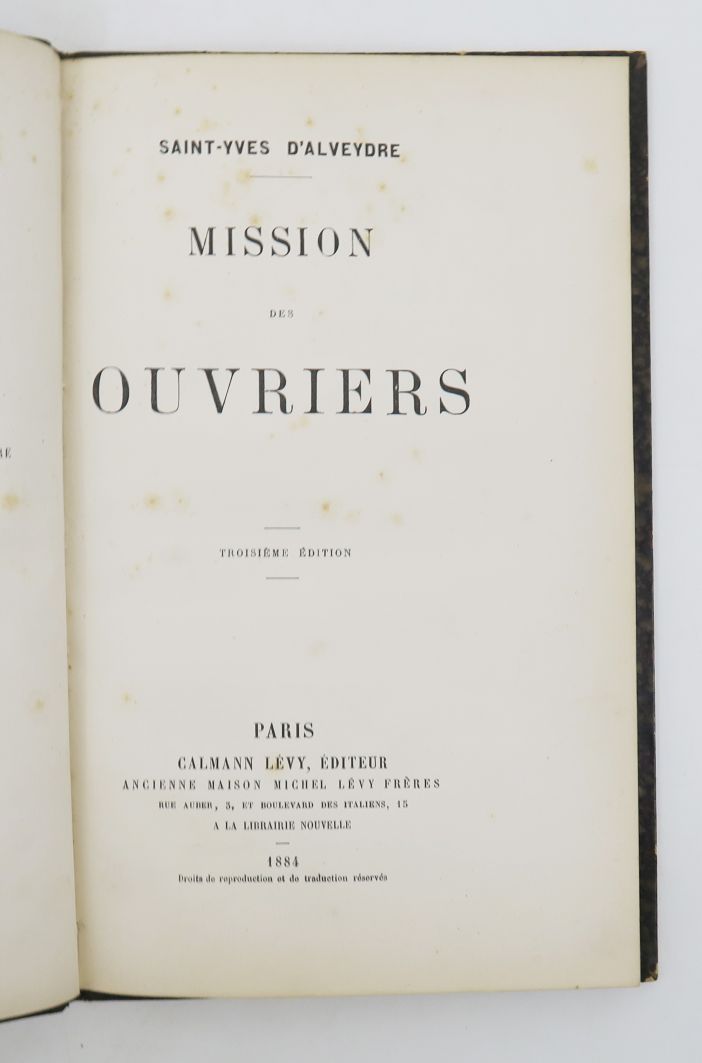 Null 圣伊维斯-阿尔维德（SAINT-YVES D'ALVEYDRE）。行动者的使命。第三版。巴黎，卡尔曼-莱维，1884年。

大8开本，64页。棕色半铬&hellip;