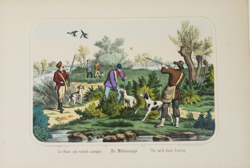 Null WENTZEL (Frédéric Charles).一套3幅专门介绍打猎的石版画。维森堡，[约1860年]。

一套3张石版画，彩色和胶印：猎野兔；&hellip;