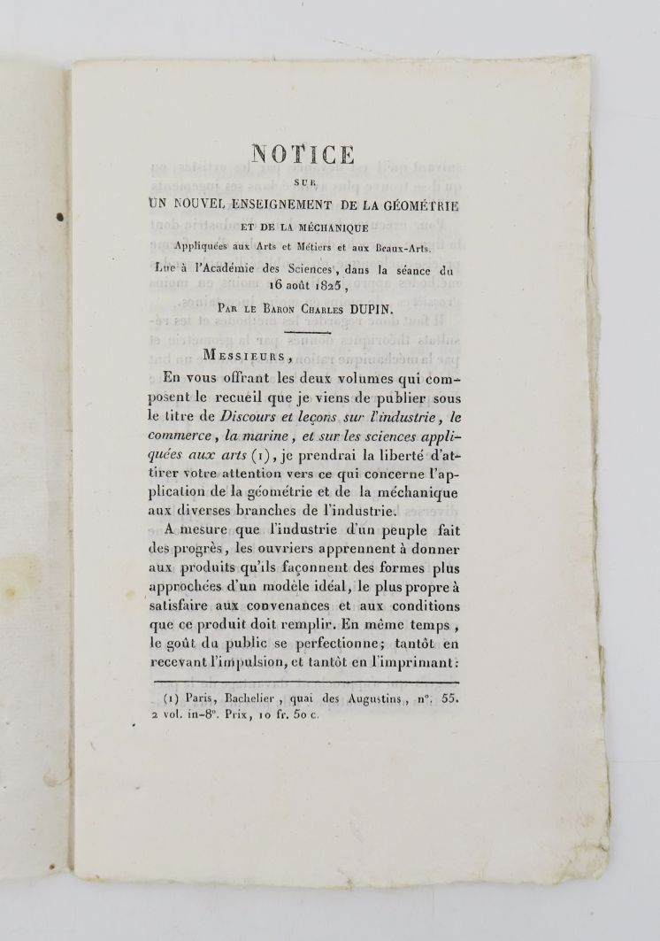 Null DUPIN（查尔斯男爵）。关于地质学和机械学应用于艺术和工艺以及美术的新教育的通知。巴黎，法恩印刷，1825年。

8开16页；白纸封面上有手写的 "&hellip;