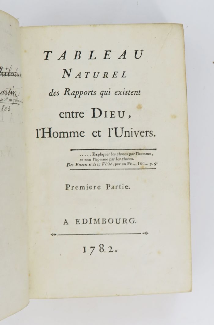 Null [圣马丁（路易-克劳德-德）。上帝、人类和世界之间存在的关系的自然表。爱丁堡，sn，1782。

两部分合为一卷，8开本，深棕色摩洛哥，书脊有棱纹，鎏&hellip;