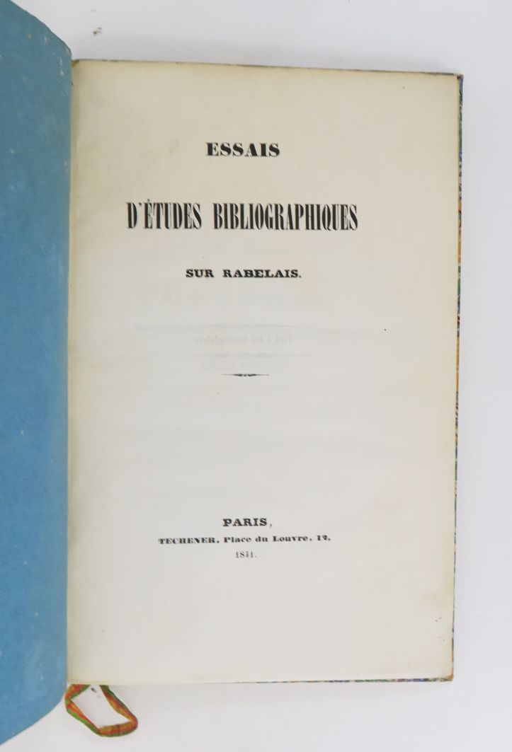 Null [BRUNET (Gustave)]. Essais d'études bibliographiques sur RABELAIS. Paris, T&hellip;
