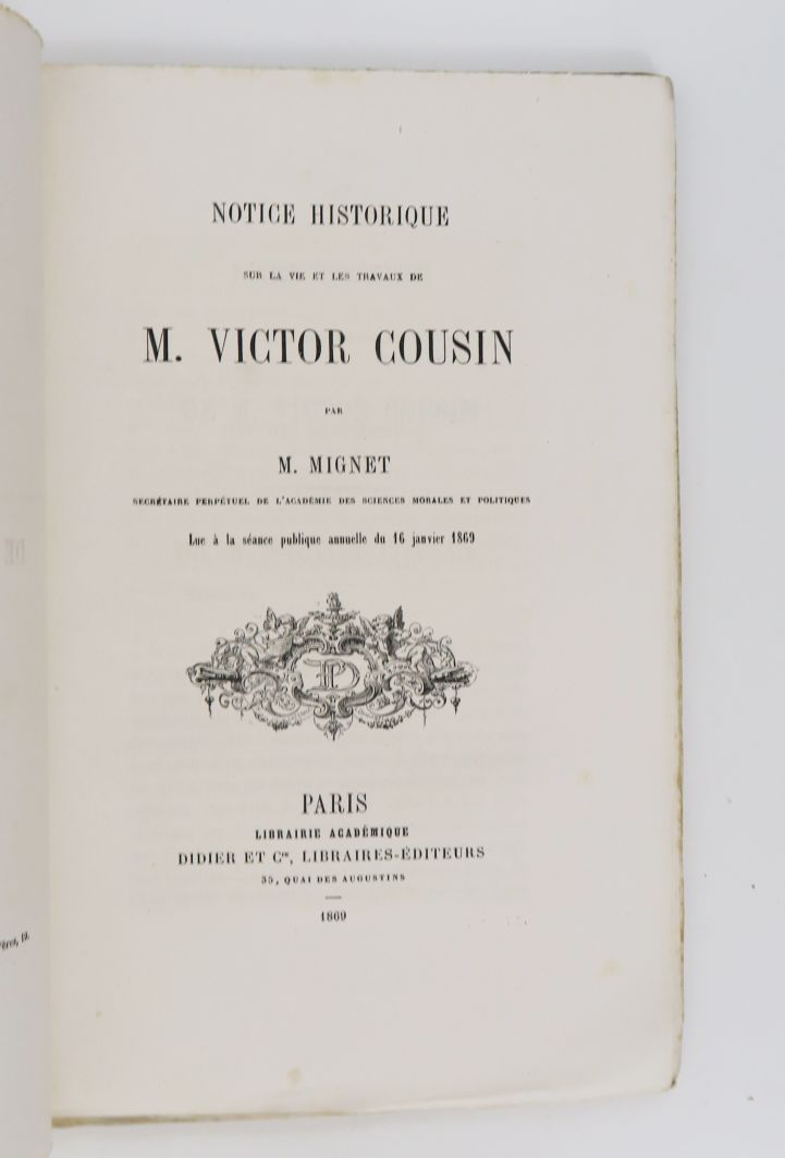 Null MIGNET (M.).关于Victor COUSIN先生的生活和工作的历史说明。巴黎，Didier et Cie, 1869年。

平装8开本，印刷&hellip;