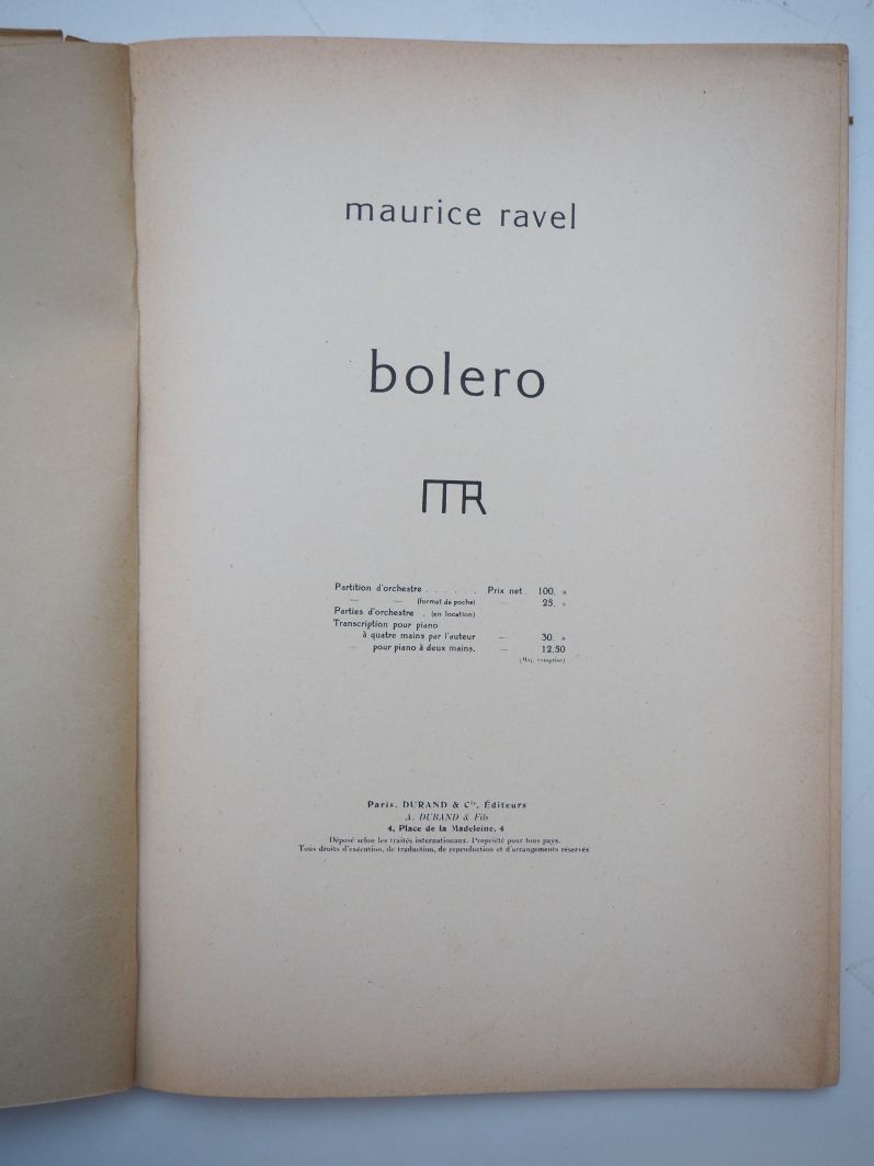 Null 
[RECTIFICATIF] Musique- RAVEL (Maurice). Bolero. Paris, Durand & Cie, sd.
&hellip;