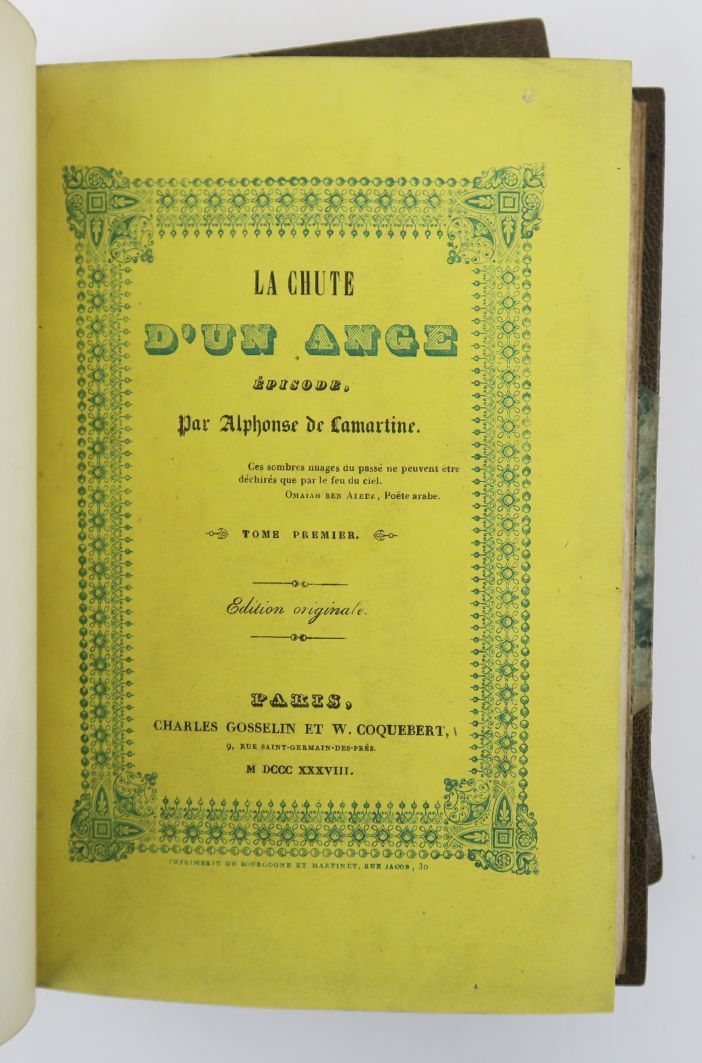 Null 拉马汀（Alphonse de）。天使的陨落》，插曲。巴黎，查尔斯-戈斯林和W-科克贝尔，1838年。

2卷，12开本，半哈瓦那摩尔科，带拐角，书脊&hellip;