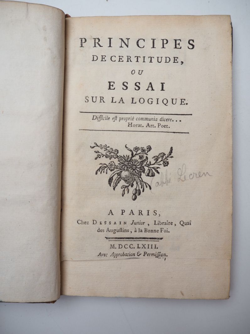 Null [LECREN (Abbé).确定性的原则，或关于逻辑的论文。巴黎，Dessain junior，1763。

In-12 marbled basan&hellip;