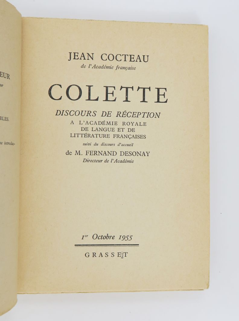 Null COCTEAU (Jean). COLETTE. Discours de réception à l'Académie Royal de langue&hellip;