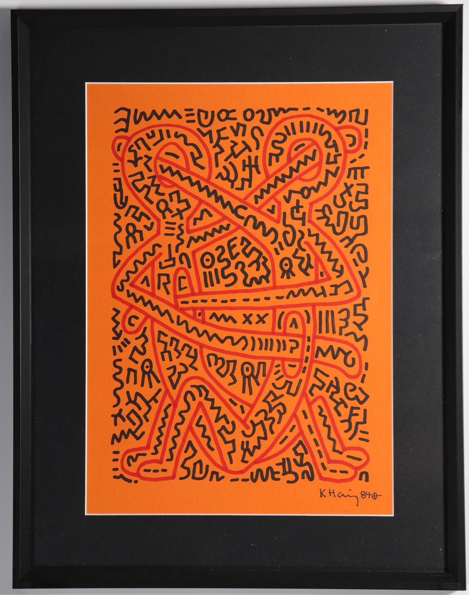 Keith Haring - Human Fusion, 1984 Encre noir et rouge sur papier orange. Signée &hellip;
