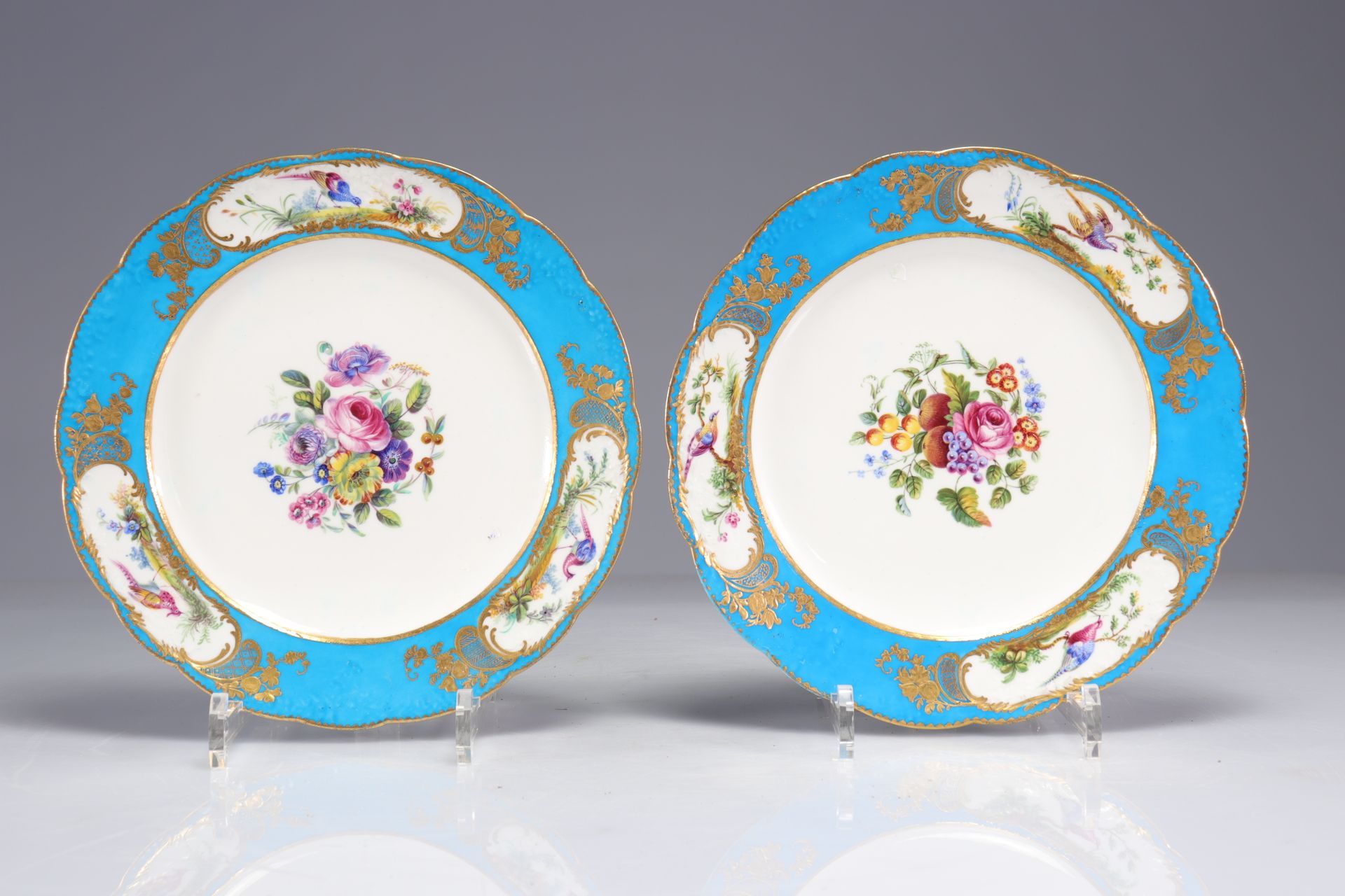 Null Coppia di piatti in porcellana di Sèvres decorati con uccelli e fiori, marc&hellip;