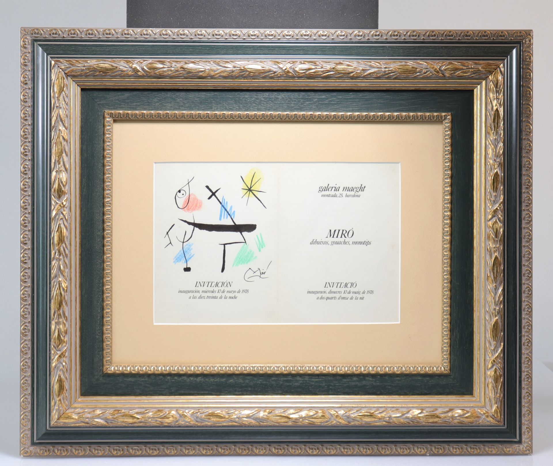Null 琼-米罗在1978年5月10日迈格特画廊的邀请卡上用墨水和彩色铅笔绘制。签名为 "米罗 "的墨水
重量：3.00公斤
可送货上门
尺寸：框架=高=50&hellip;