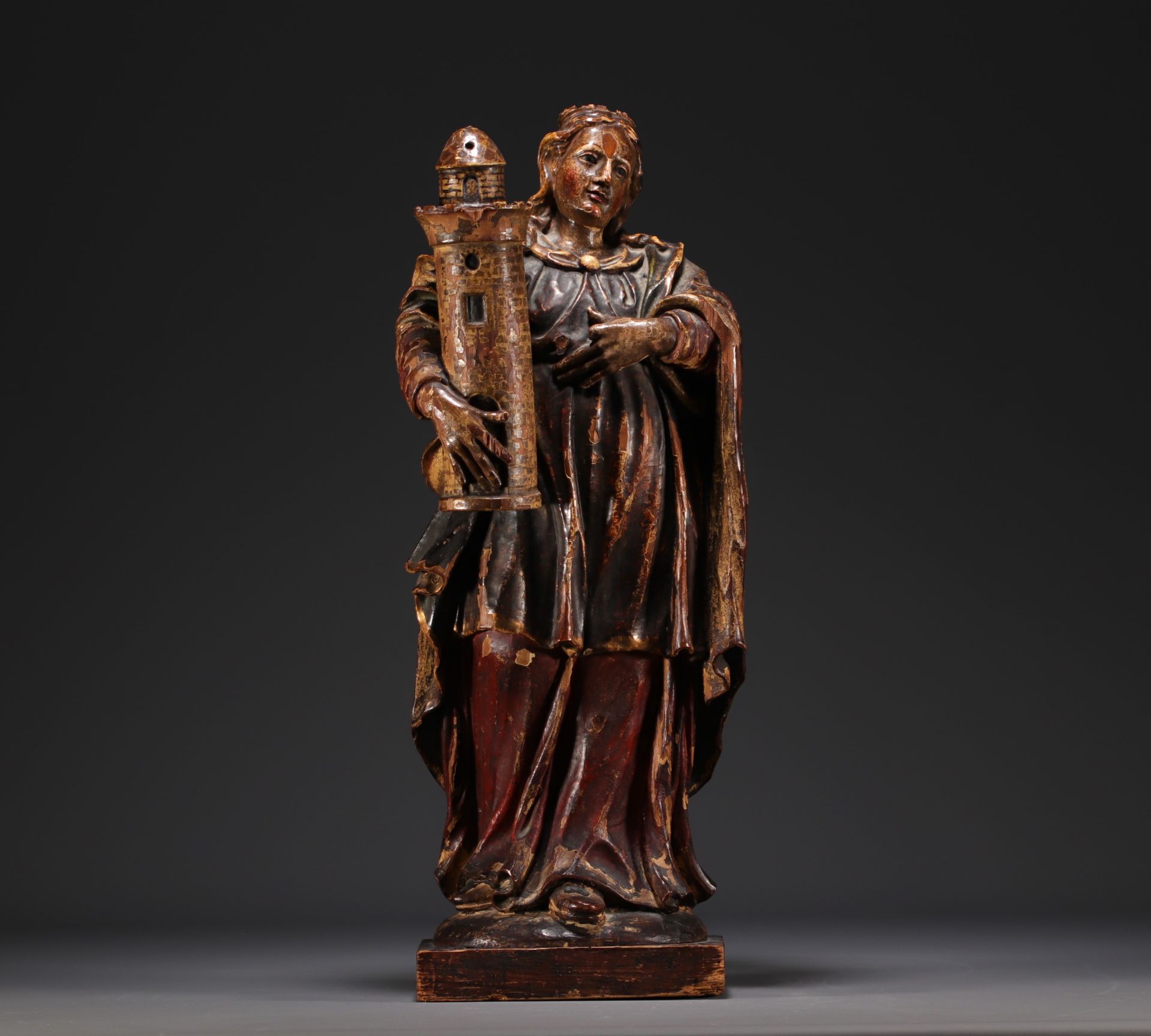 Null Statue de Sainte-Barbe - Sculpture en bois polychrome d'époque XVIIIe siècl&hellip;