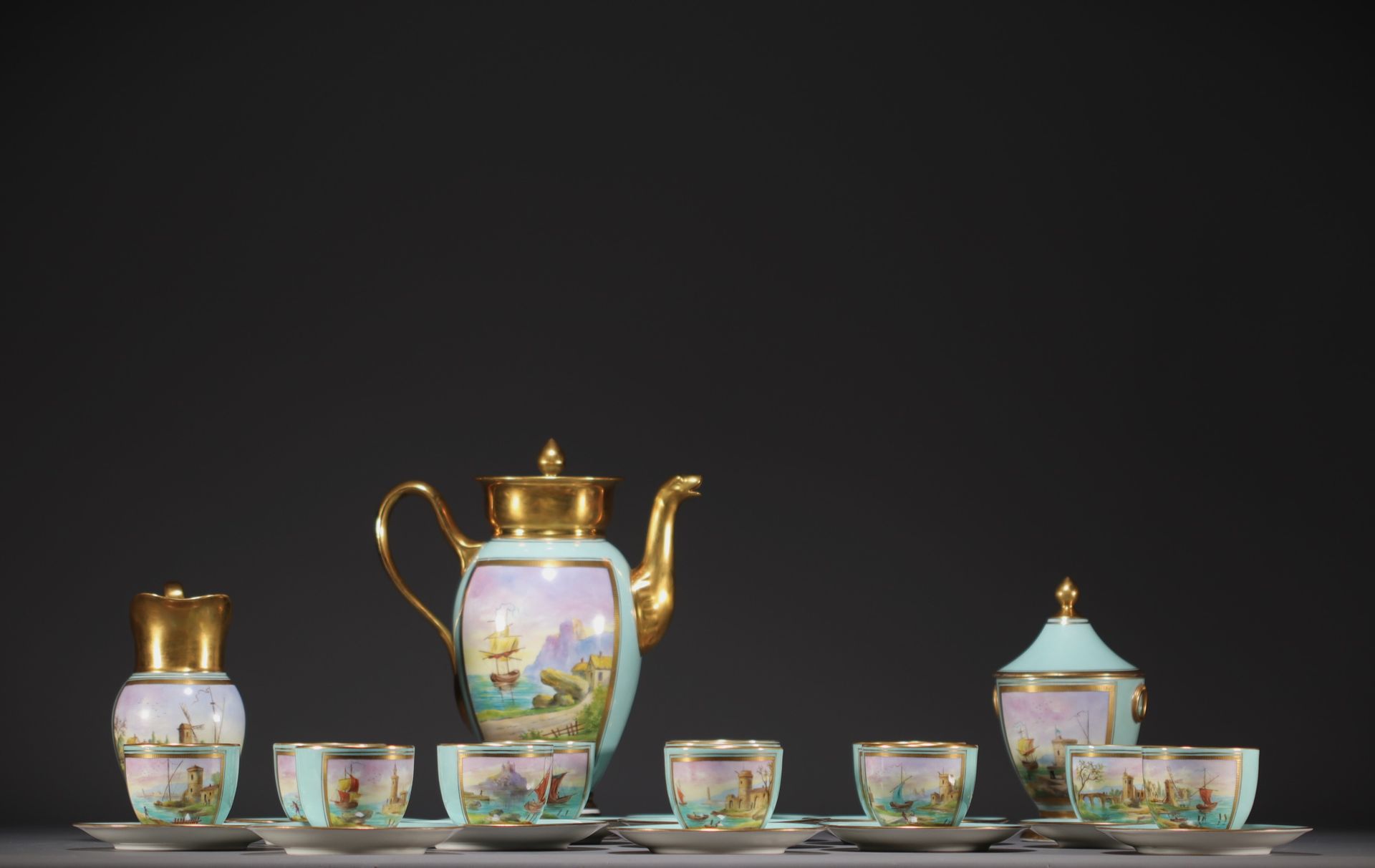 Null Sèvres - Porcelain coffee set with marine scene, composed of twelve cups an&hellip;