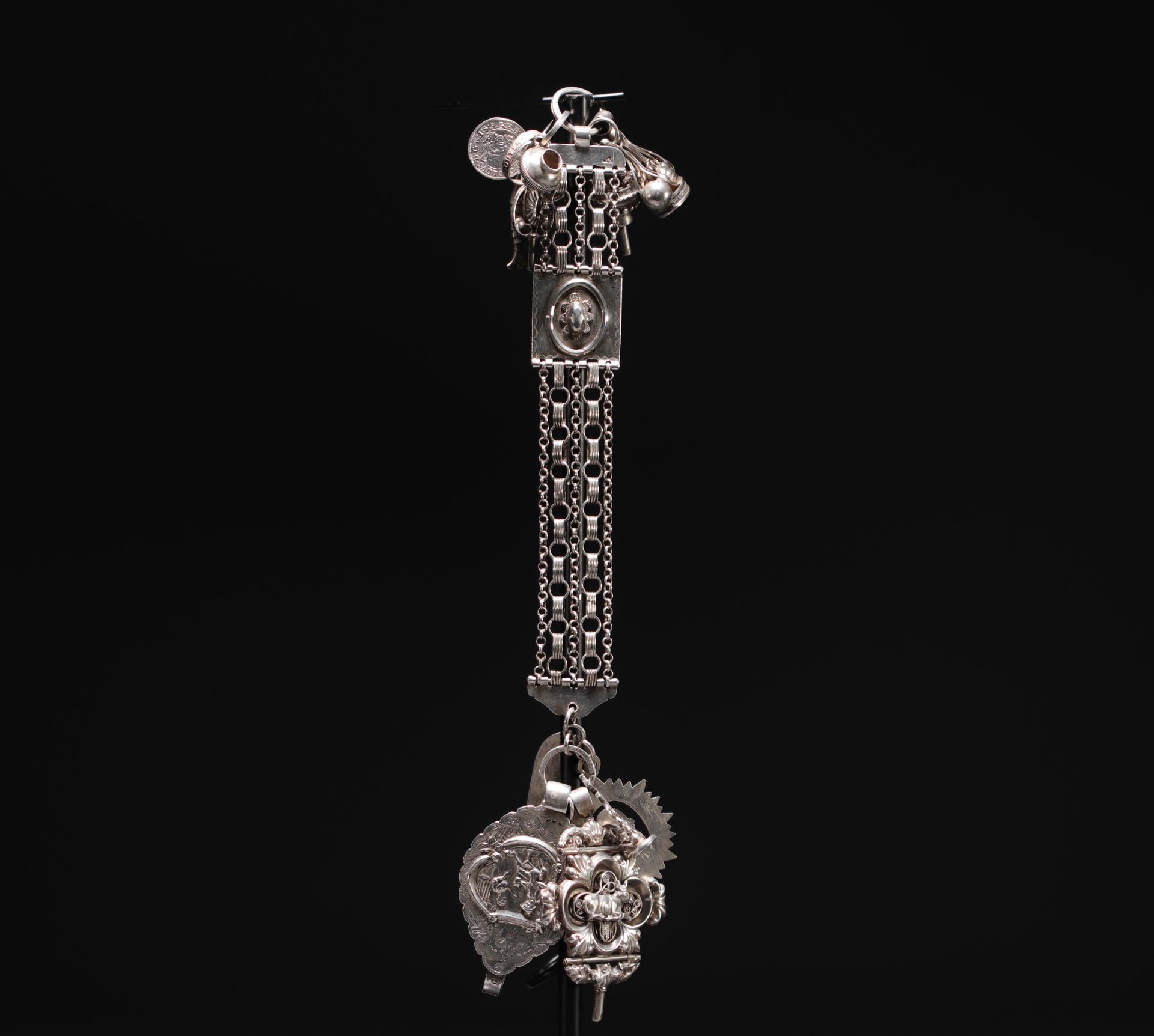 Null Magnificent silver chatelaine, decorated with various charms such as watch &hellip;