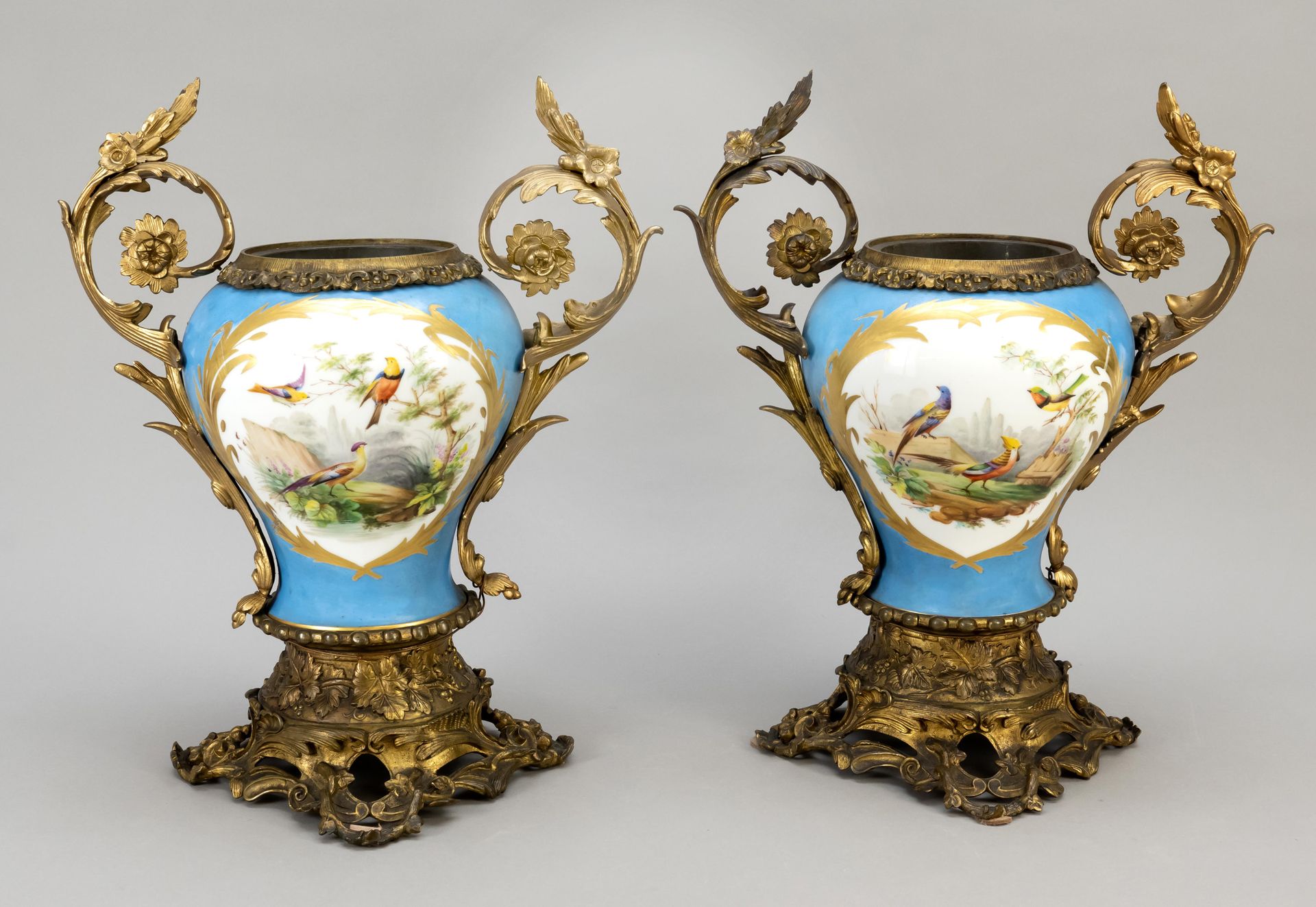 Null 一对花瓶，W.塞夫勒，法国，19世纪，上翻的身体，两面都有多色漆，正面多色漆绘有异国鸟类，背面是花束，蓝色的天青色背景，装饰性的镀金，精心制作的溴化装&hellip;