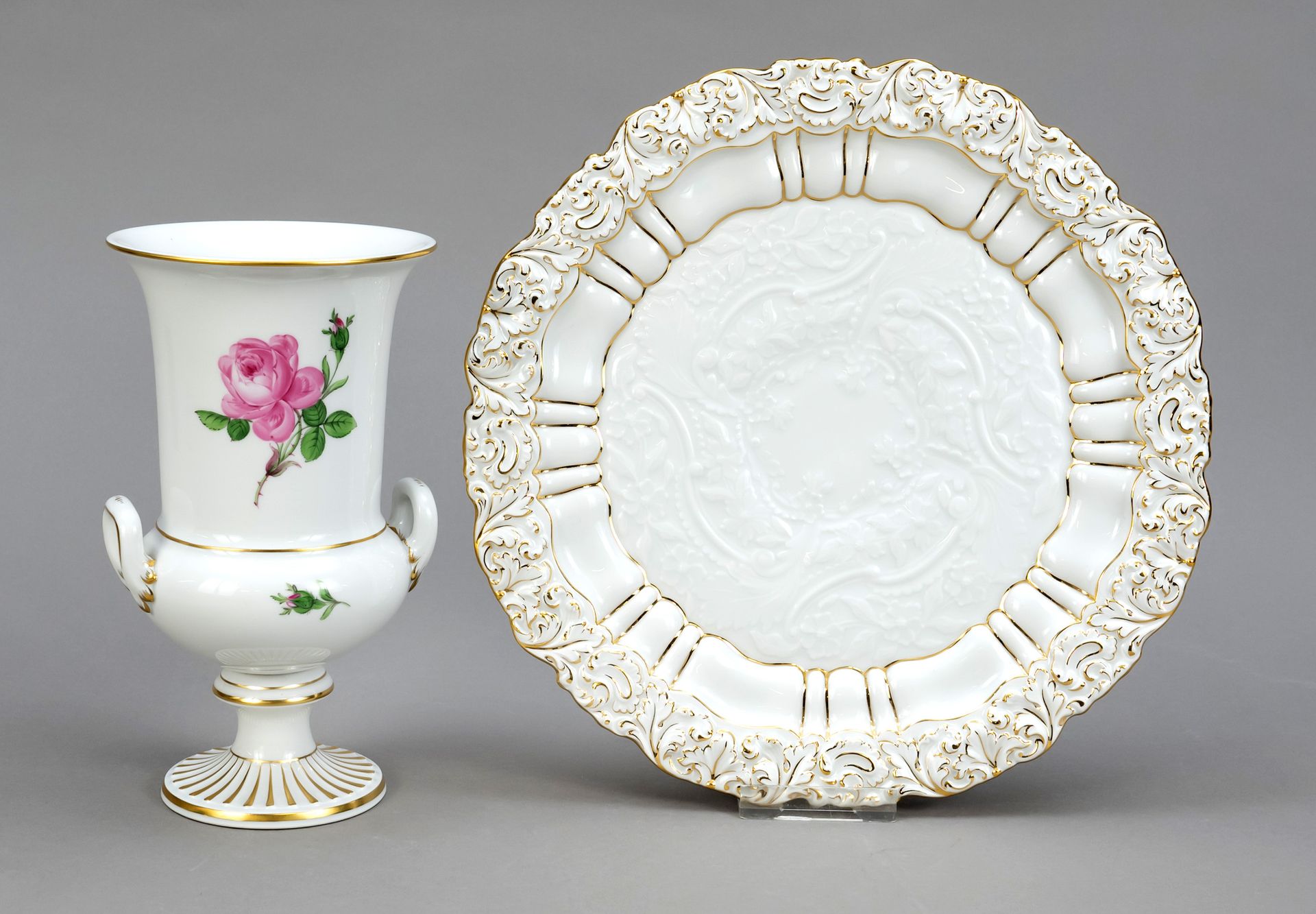 Null Vase and ornamental plate, Meissen, urn vase with side handles, mark after &hellip;