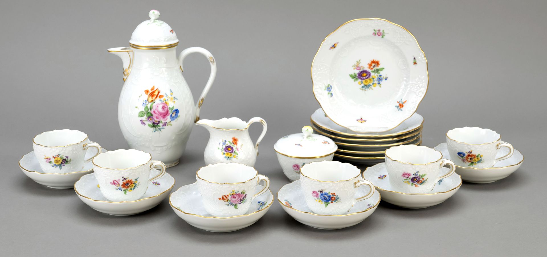 Null Mocha service for 6 persons, 21 pieces, Meissen, 1970s, Neumarseille form, &hellip;