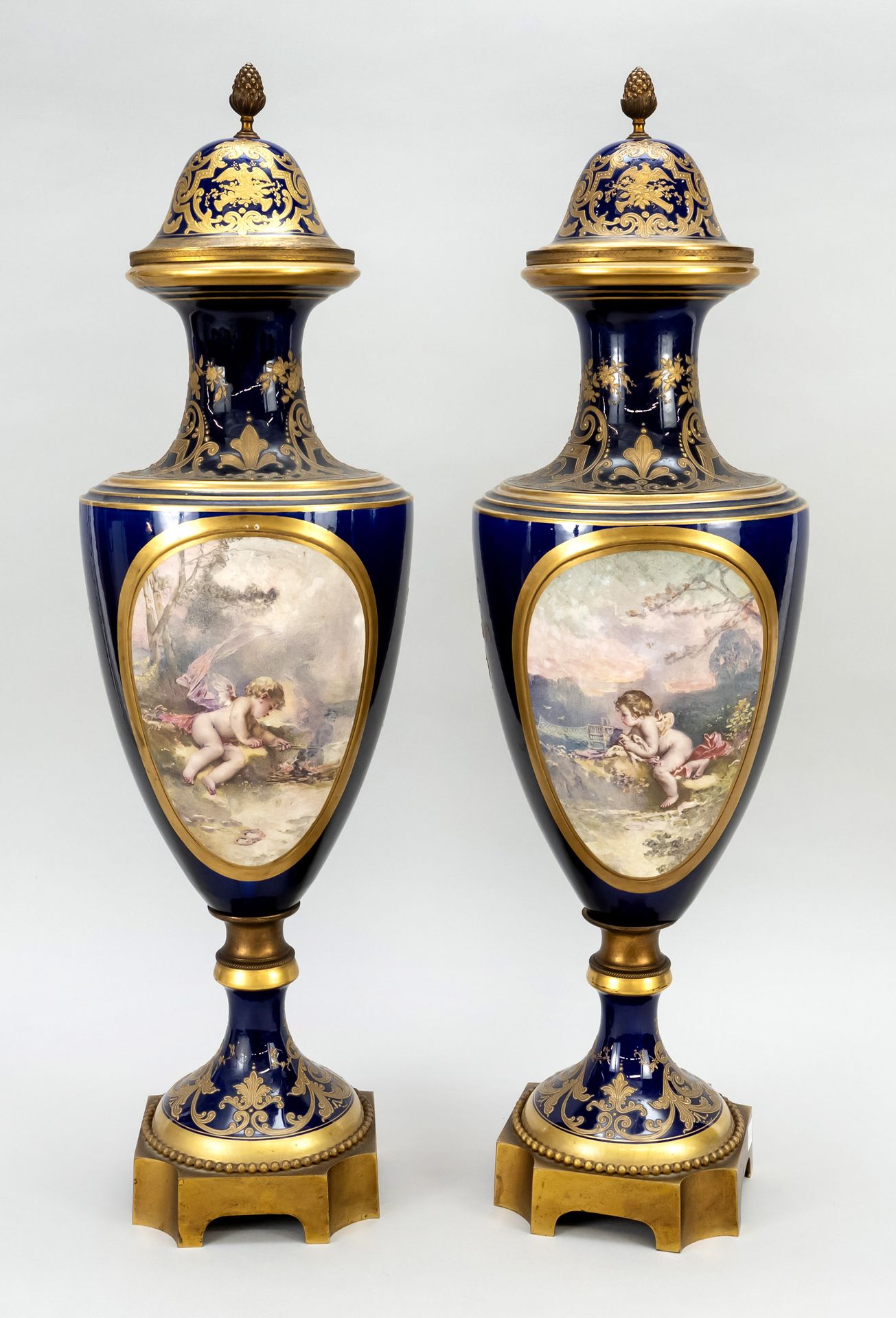 Null Pair of large lidded vases, Sevres manner, France, 20th c., amphora form on&hellip;