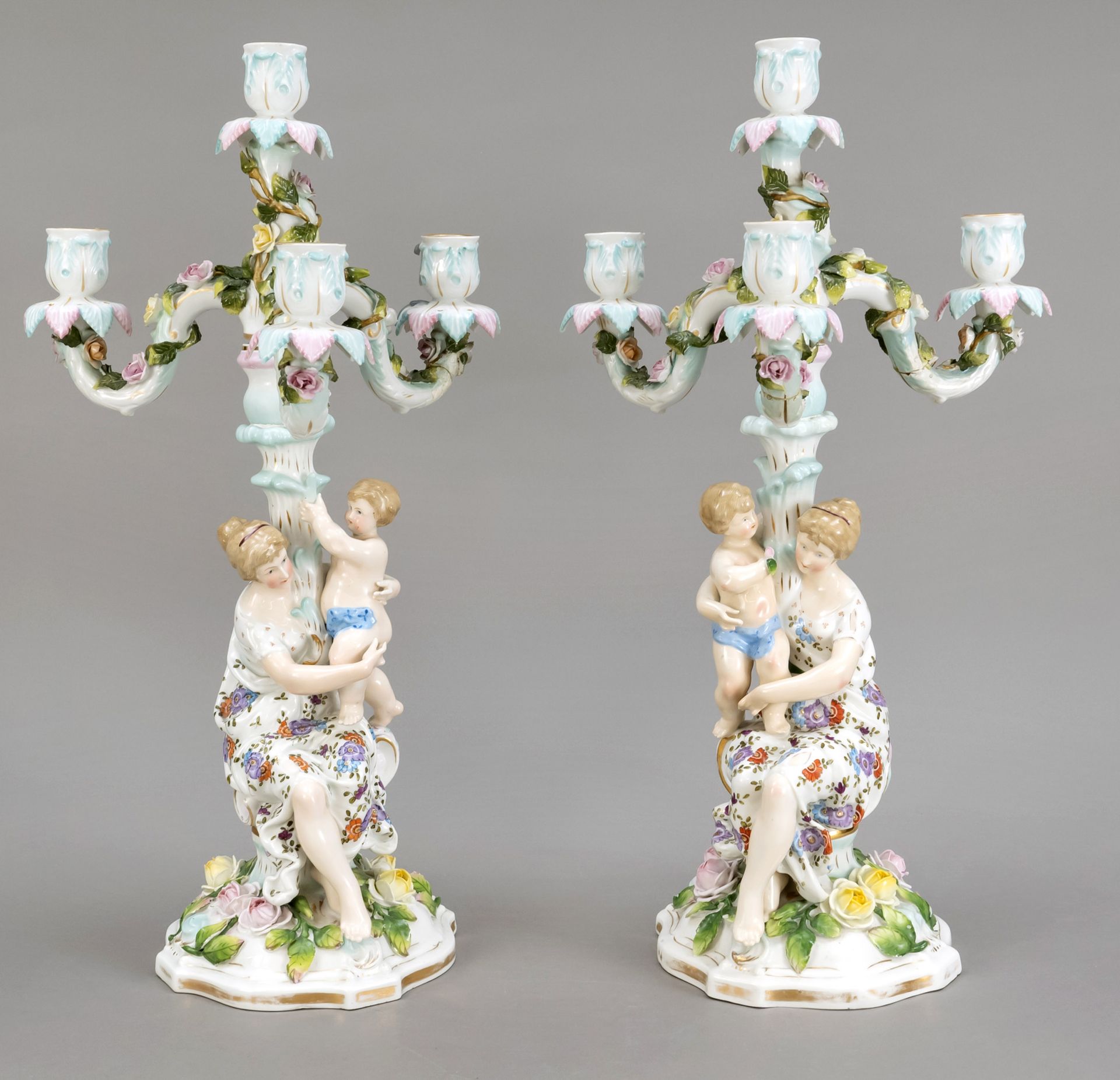 Null Pair of figural candlesticks, 20th century, in the style of Meissen, on a c&hellip;