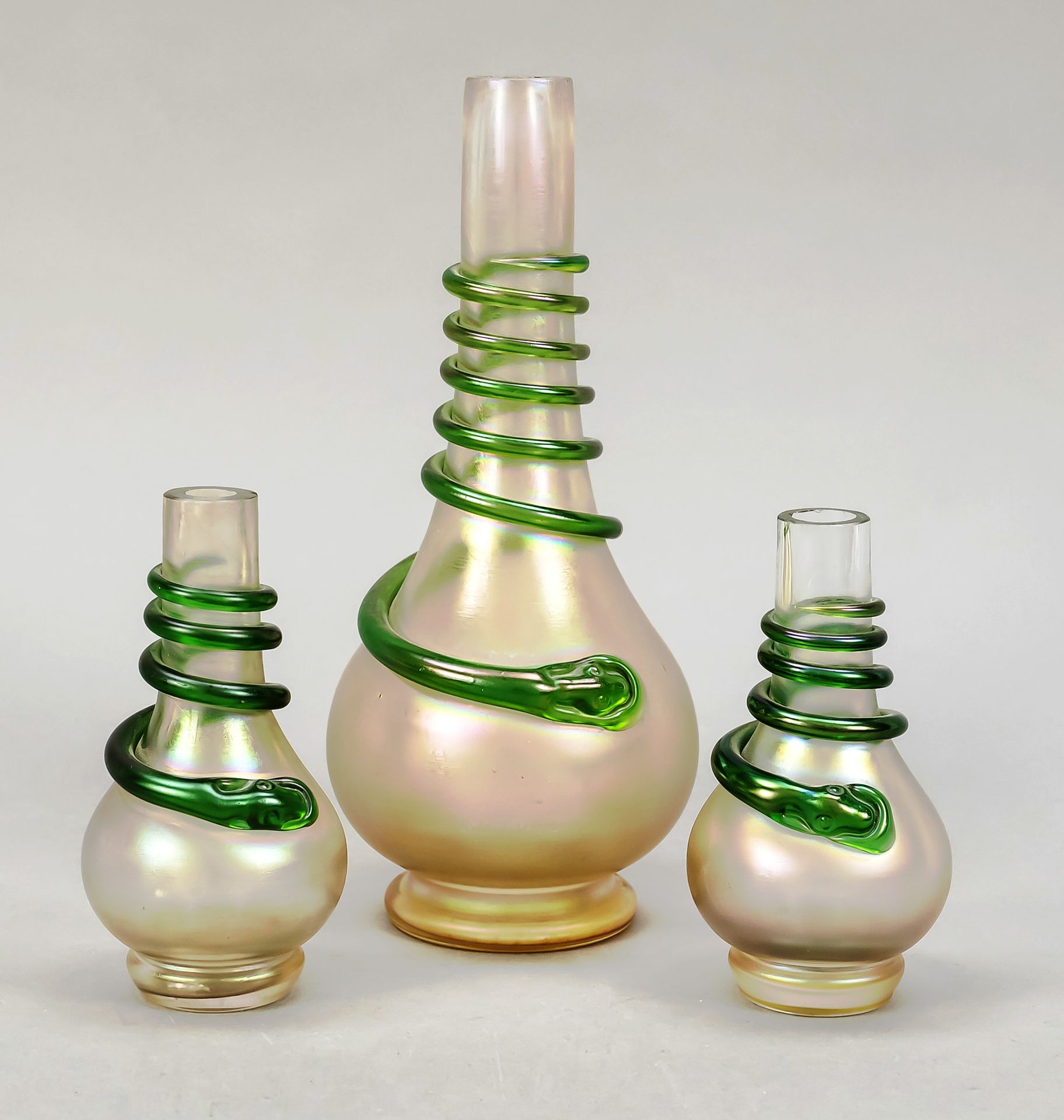 Null Set of three vases, early 20th century, round stand, body in the shape of a&hellip;