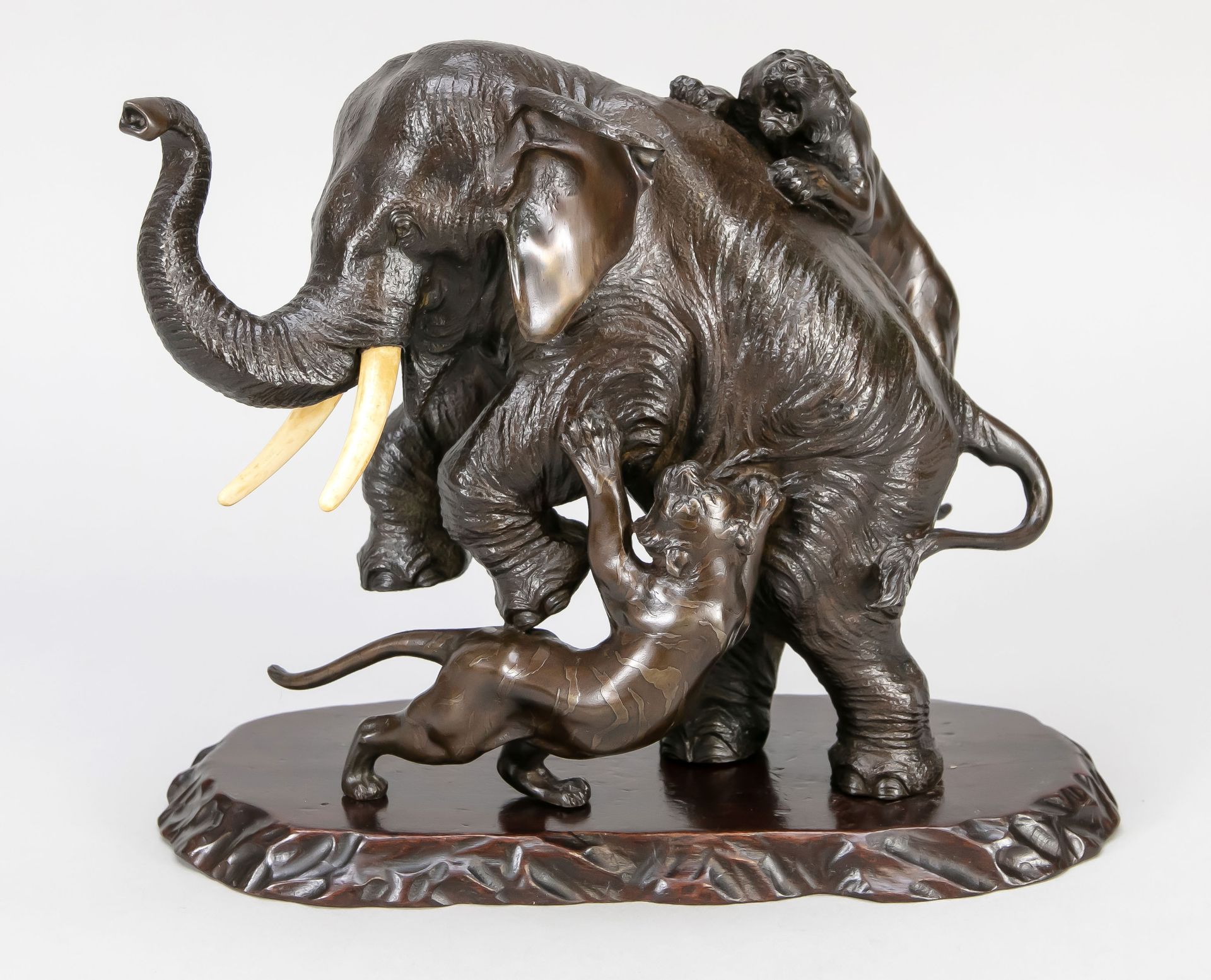 Null 日本雕塑家，20世纪初，被两只老虎袭击的大象。青铜组，黑褐色，有骨牙，底部有签名，松散在木质底座上，高23.5厘米