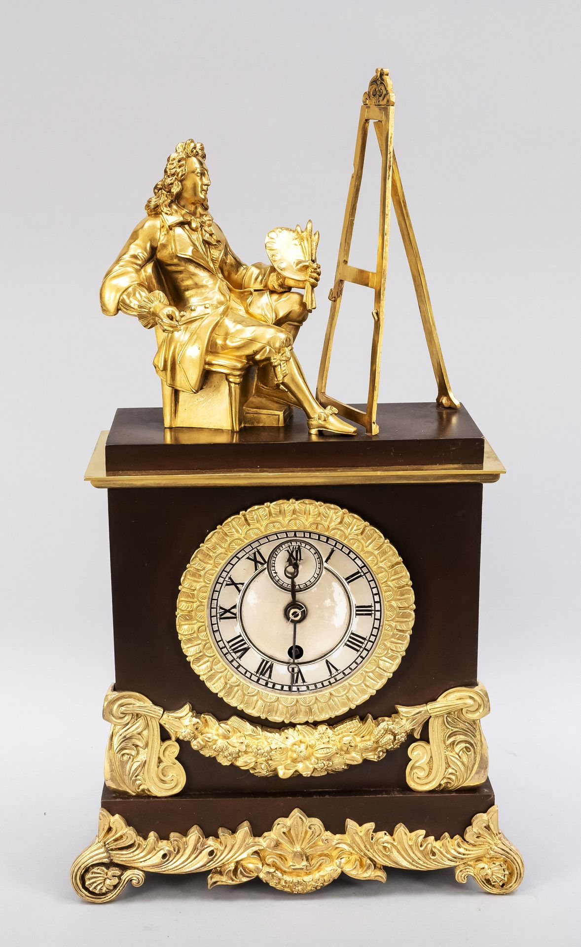 Null Bronze Pendule zwei farbig, 1.H.19.Jh., feuervergoldet, Maler bei der Arbei&hellip;