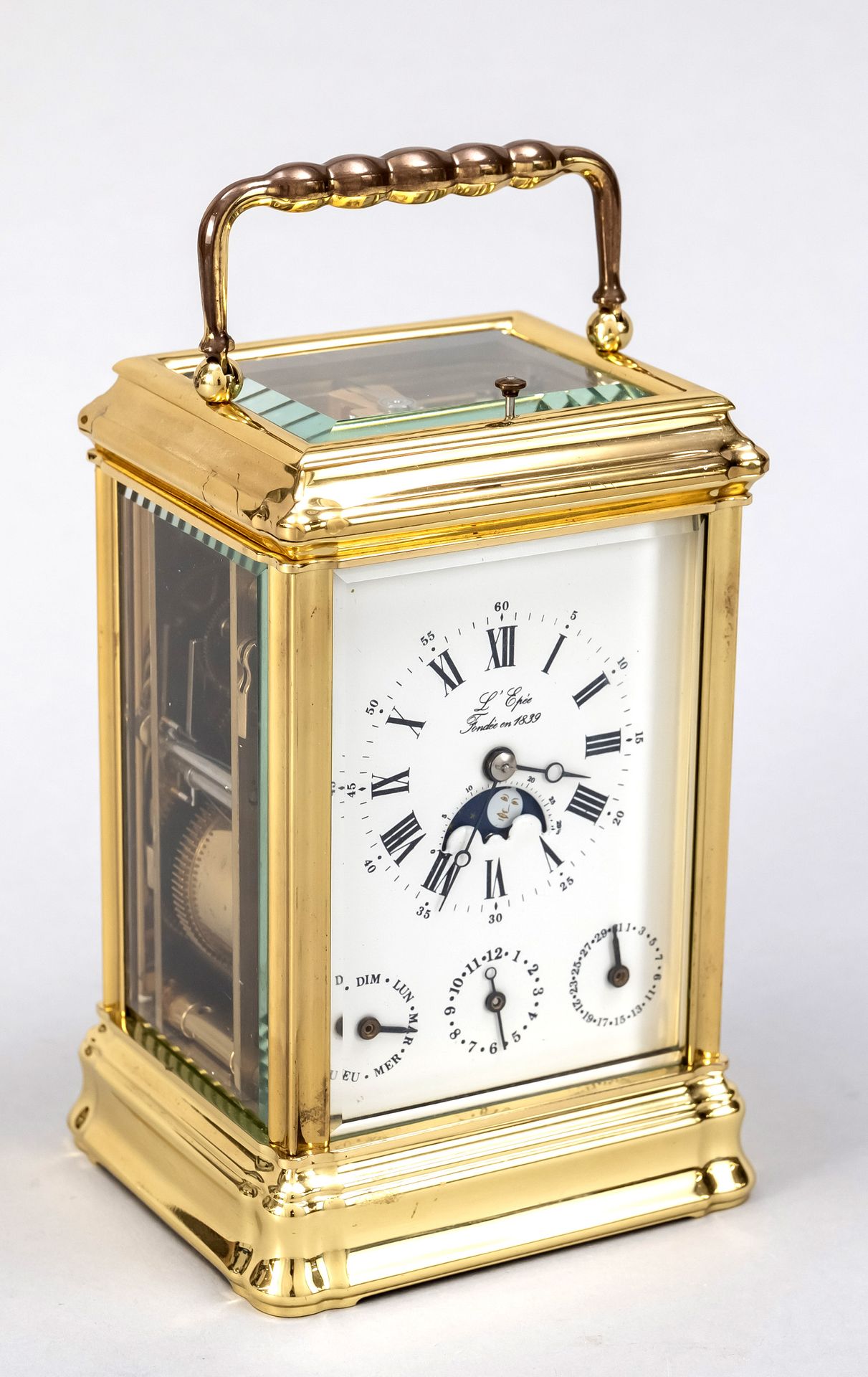 Null Travel alarm clock, L'Epee, brass gold plated, with repeater, moon phase, d&hellip;