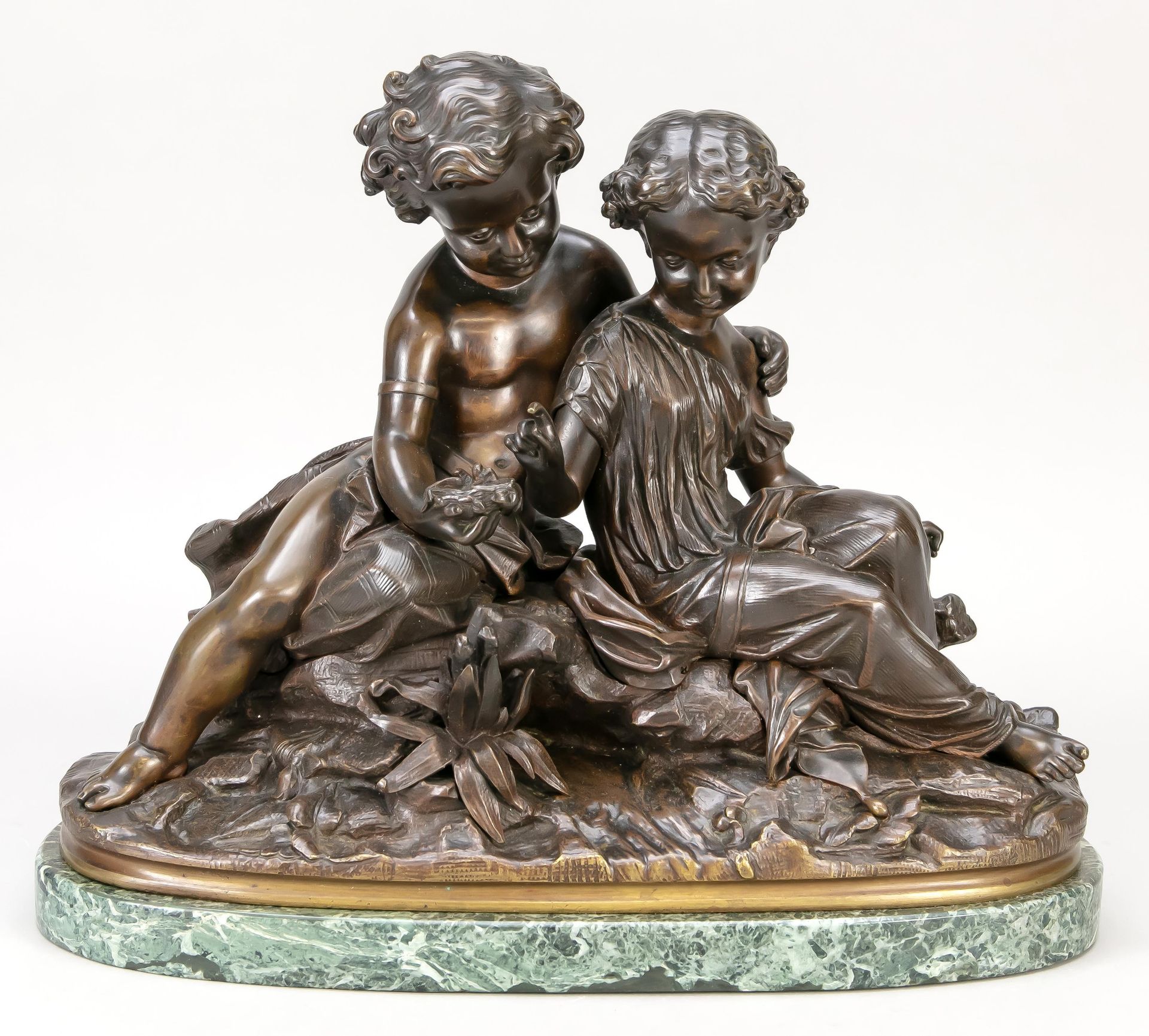 Null A.Lemaire，19世纪法国雕塑家，照顾一窝鸡蛋的年轻兄妹，长方形大理石底座上的棕色铜质，侧面有签名，宽37厘米