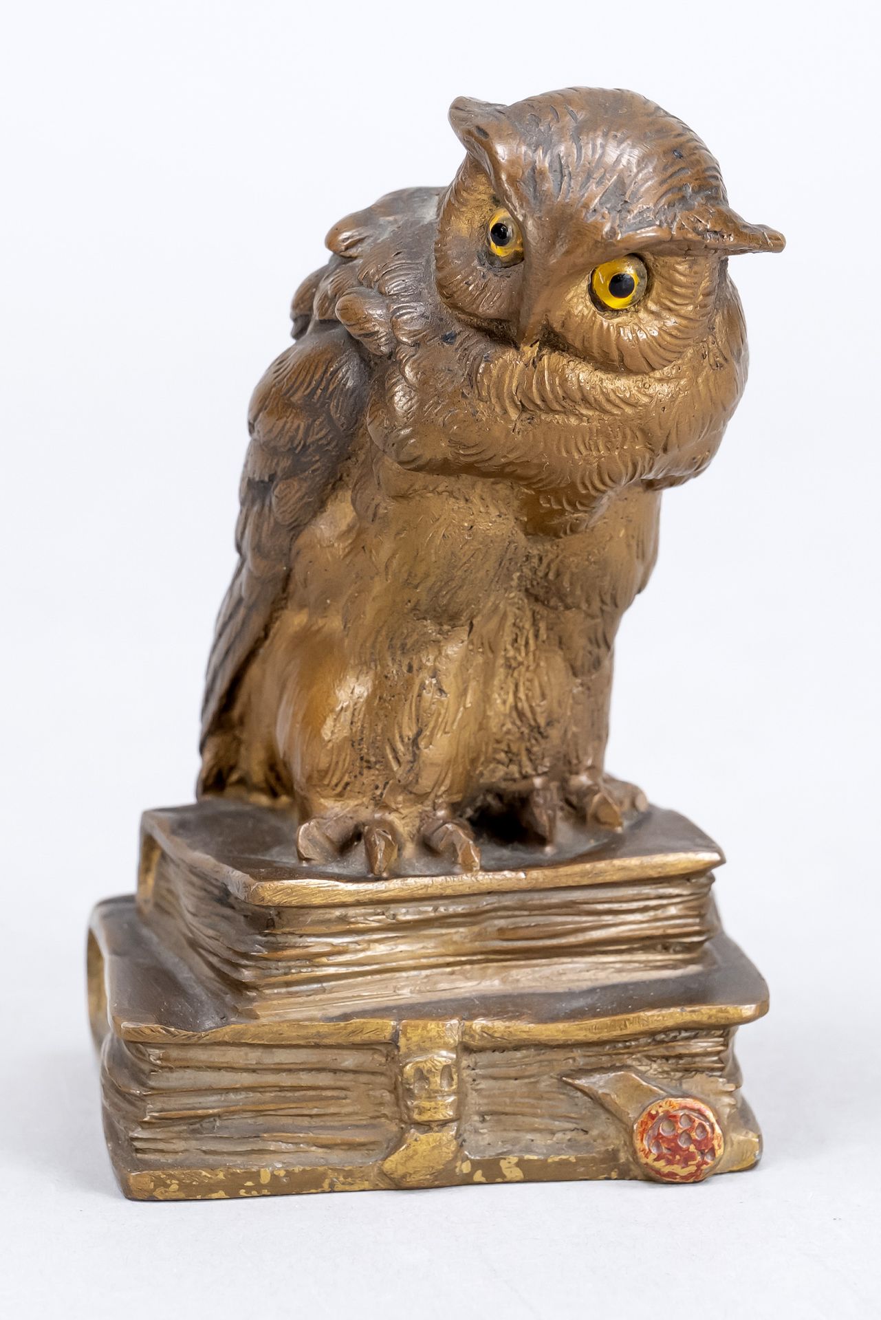 Null Small bronze around 1900, book owl, solid patinated bronze with glass eyes,&hellip;