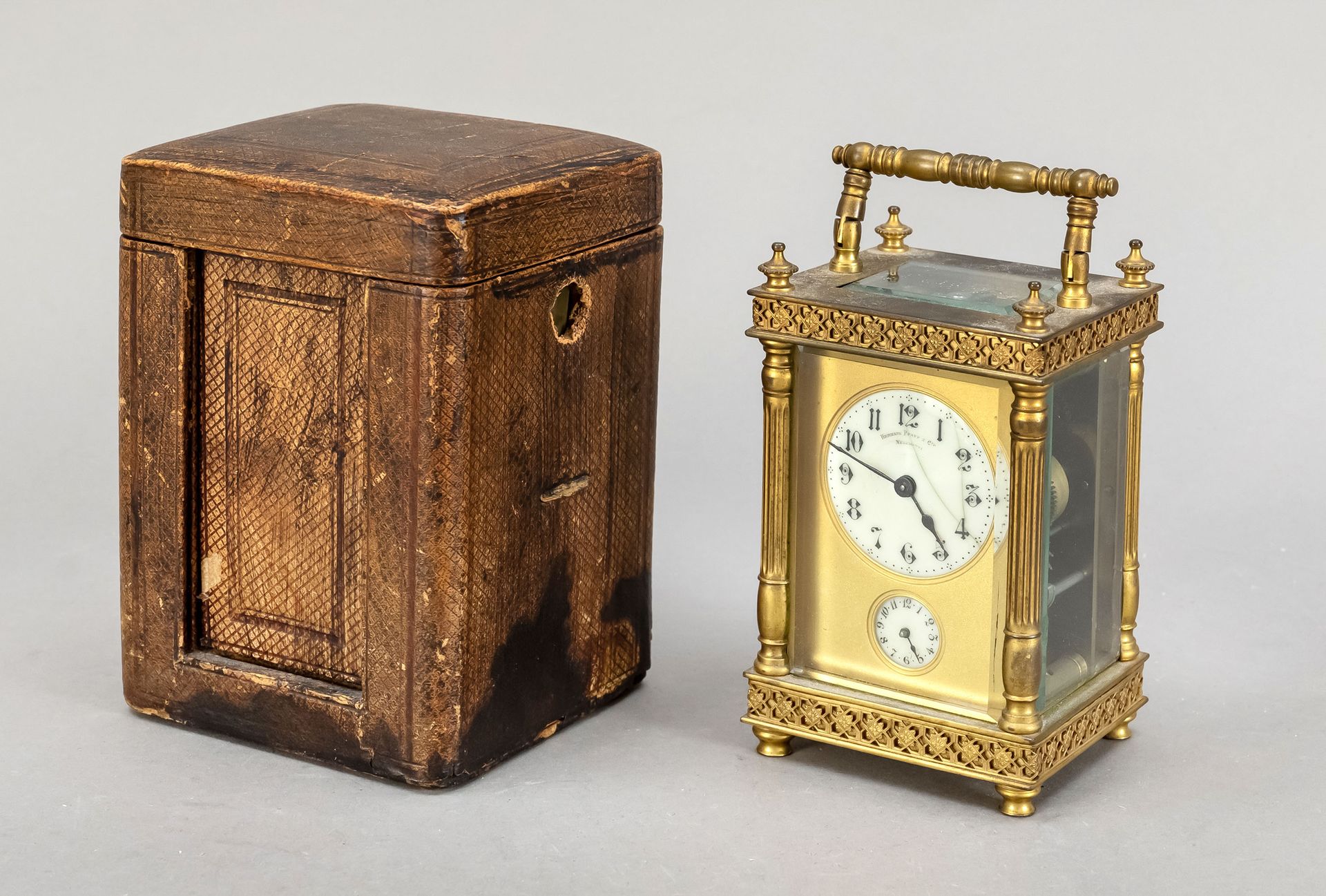 Null Travel alarm clock, in original case, 1st half 20th century, brass gilded, &hellip;