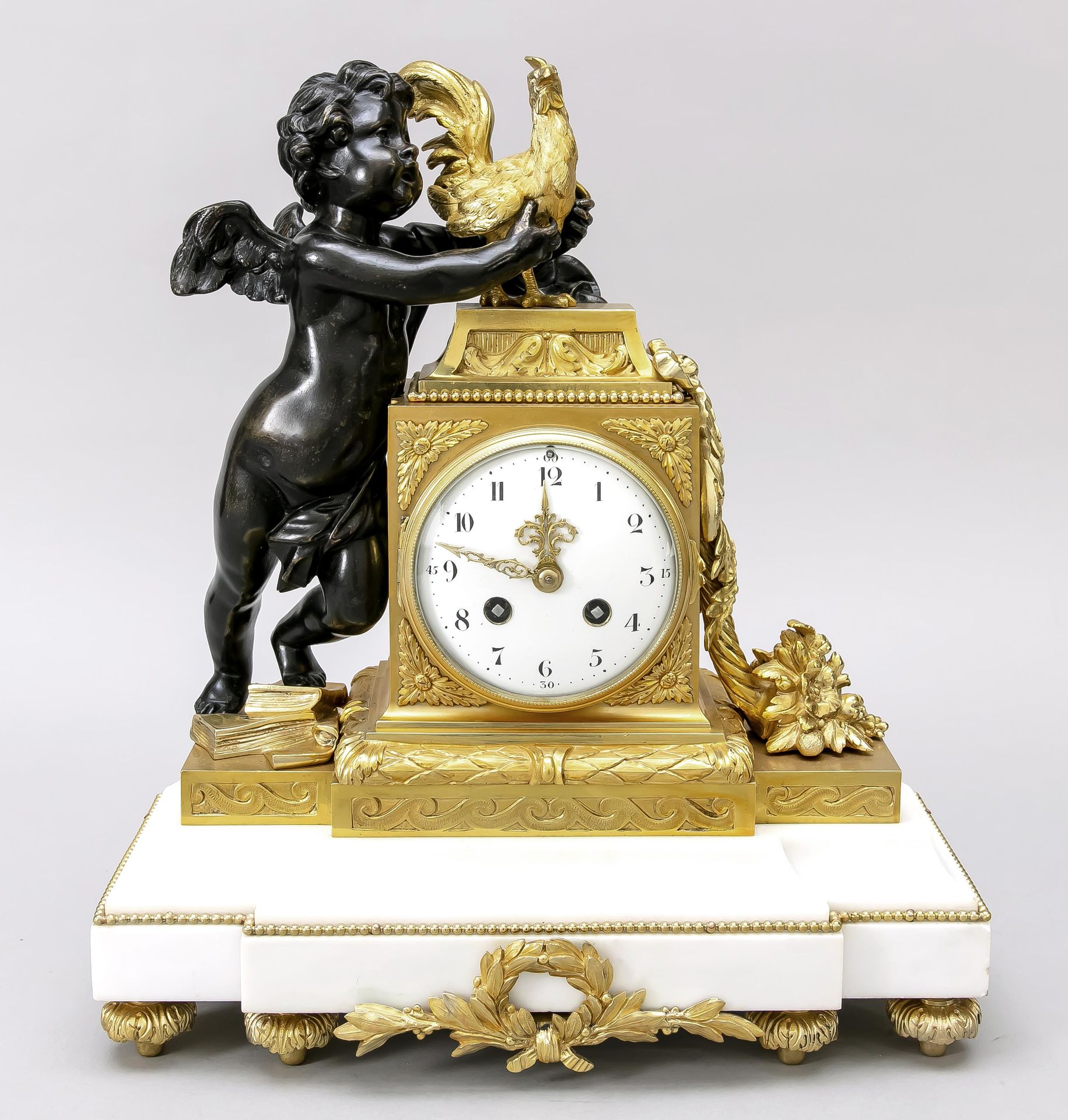 Null French. Figure pendulum, 2nd half 19th century, with bronze putto standing &hellip;