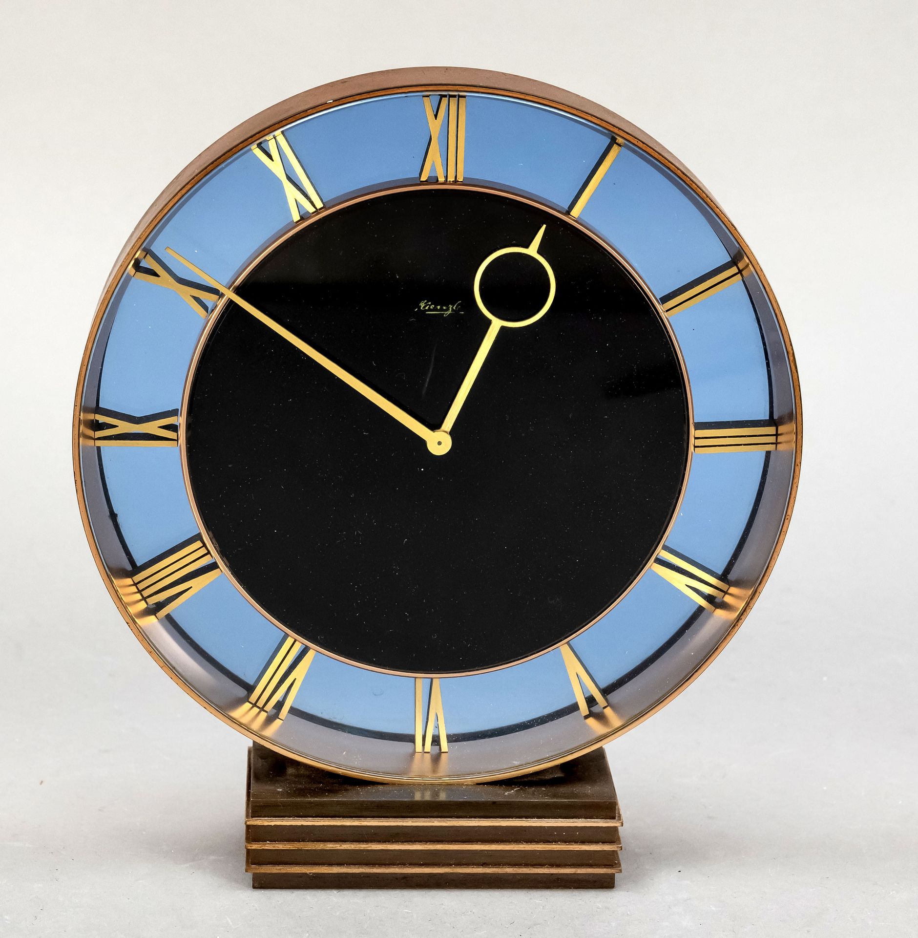 Null Kienzle table clock circa 1960/70, gilded roman numerals, bluish glass in c&hellip;