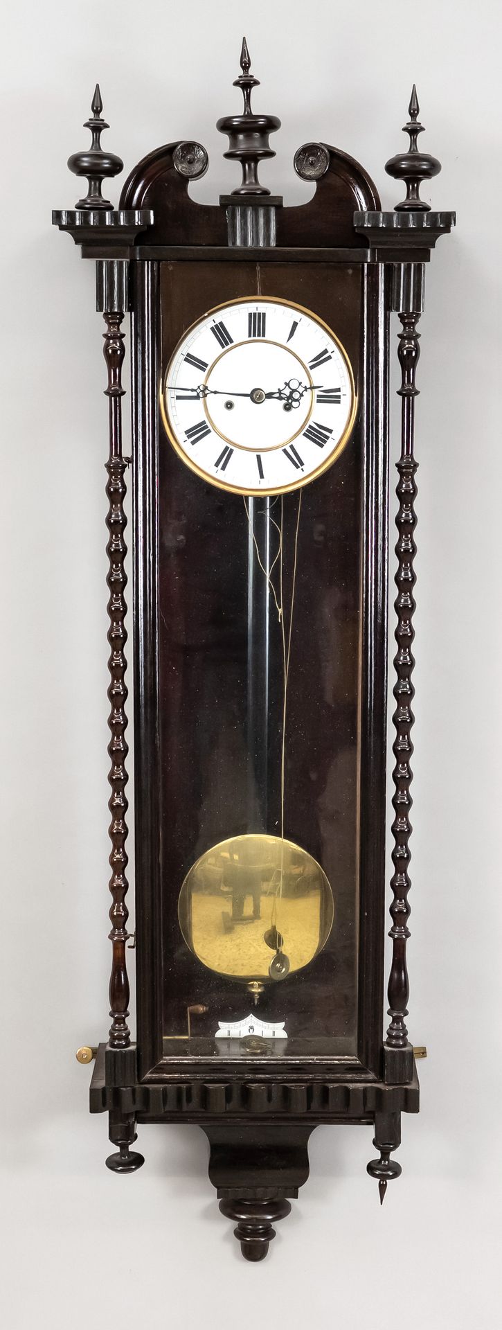 Null Viennese wall clock, weight regulator, dark stained, around 1900, decorated&hellip;