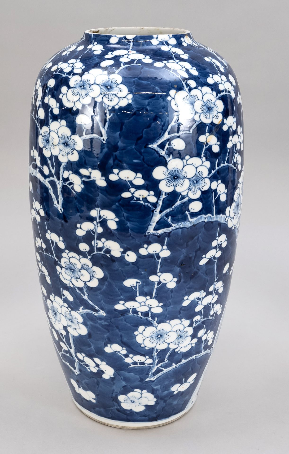Null 带梅花装饰的花瓶，中国，17/18世纪（康熙/清）。釉下五彩（钴蓝）装饰，切颈，底座下有康熙四字款，高43厘米。