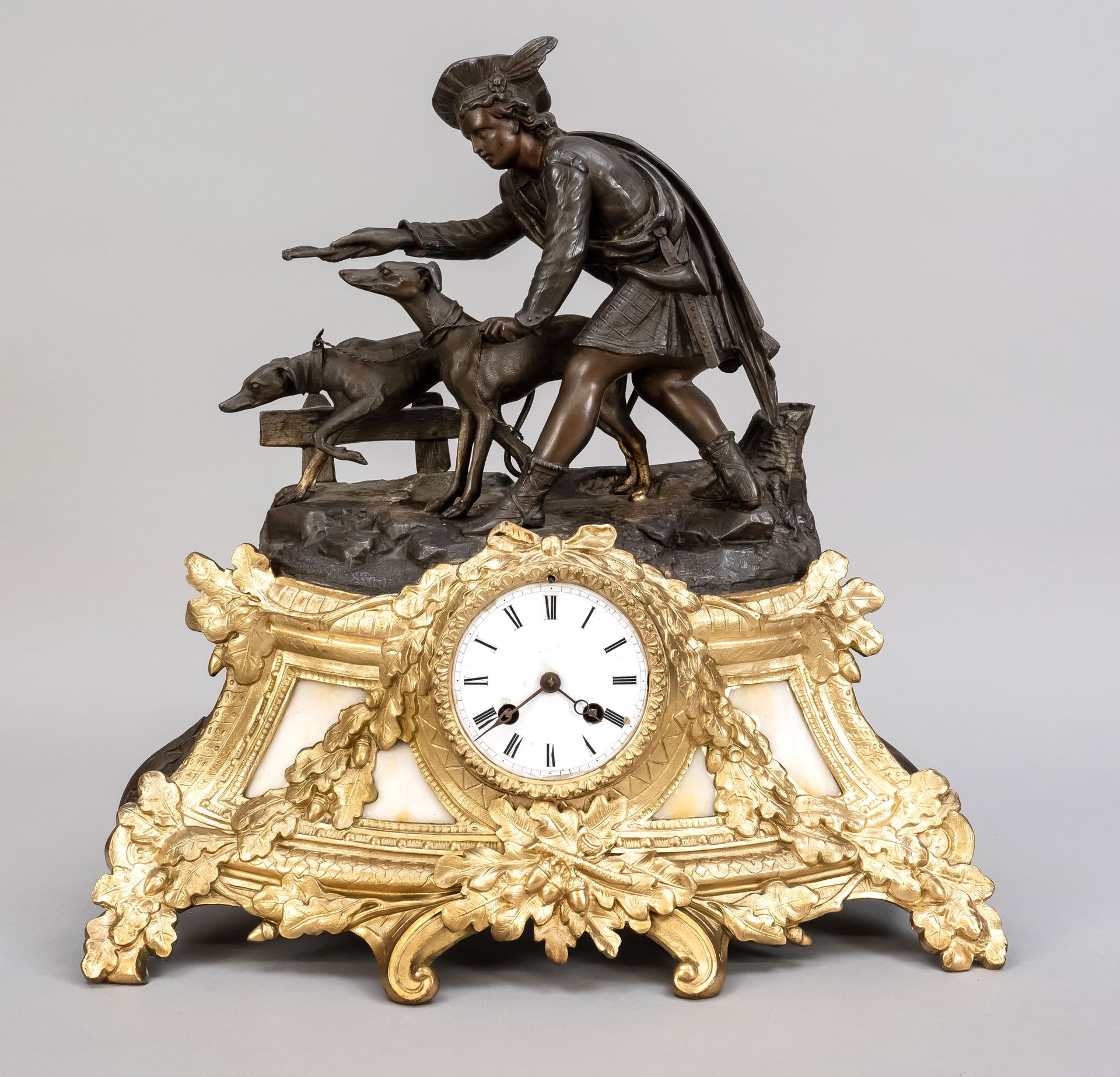 Null En francés. Reloj de chimenea, 2ª mitad del siglo XIX, cazador con 2 sabues&hellip;