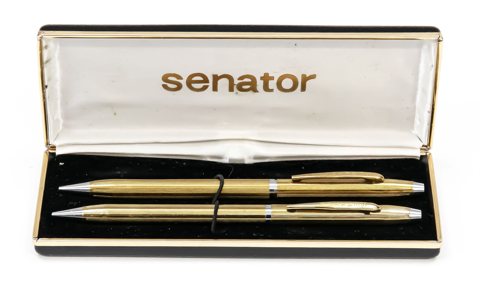 Null 两支参议员推进铅笔，20世纪下半叶，带条纹装饰的镀金盒，长13.3厘米，盒内长14.5厘米