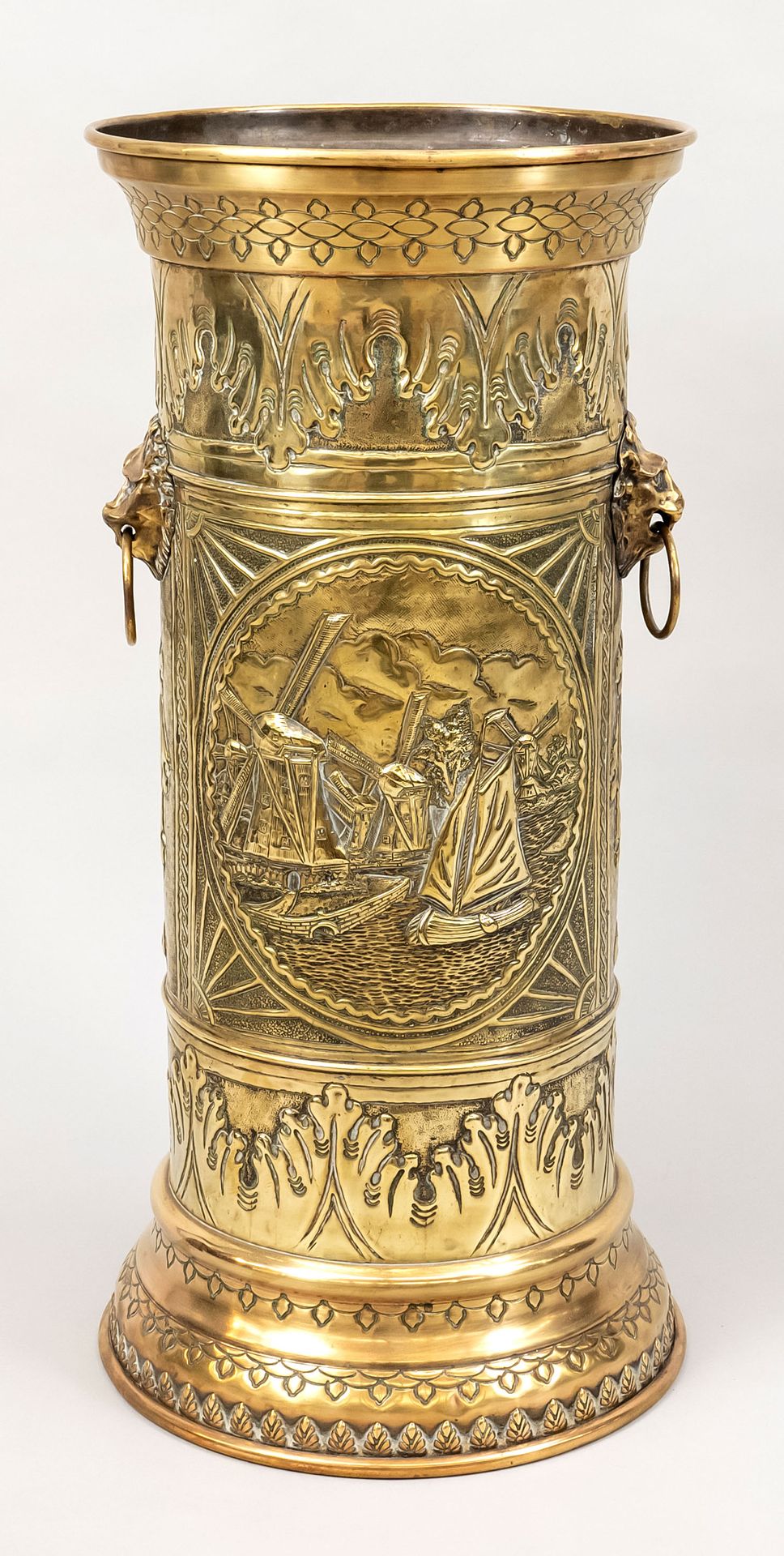 Null Umbrella stand, Holland, 19th/20th c., brass. Cylindrical form with surroun&hellip;