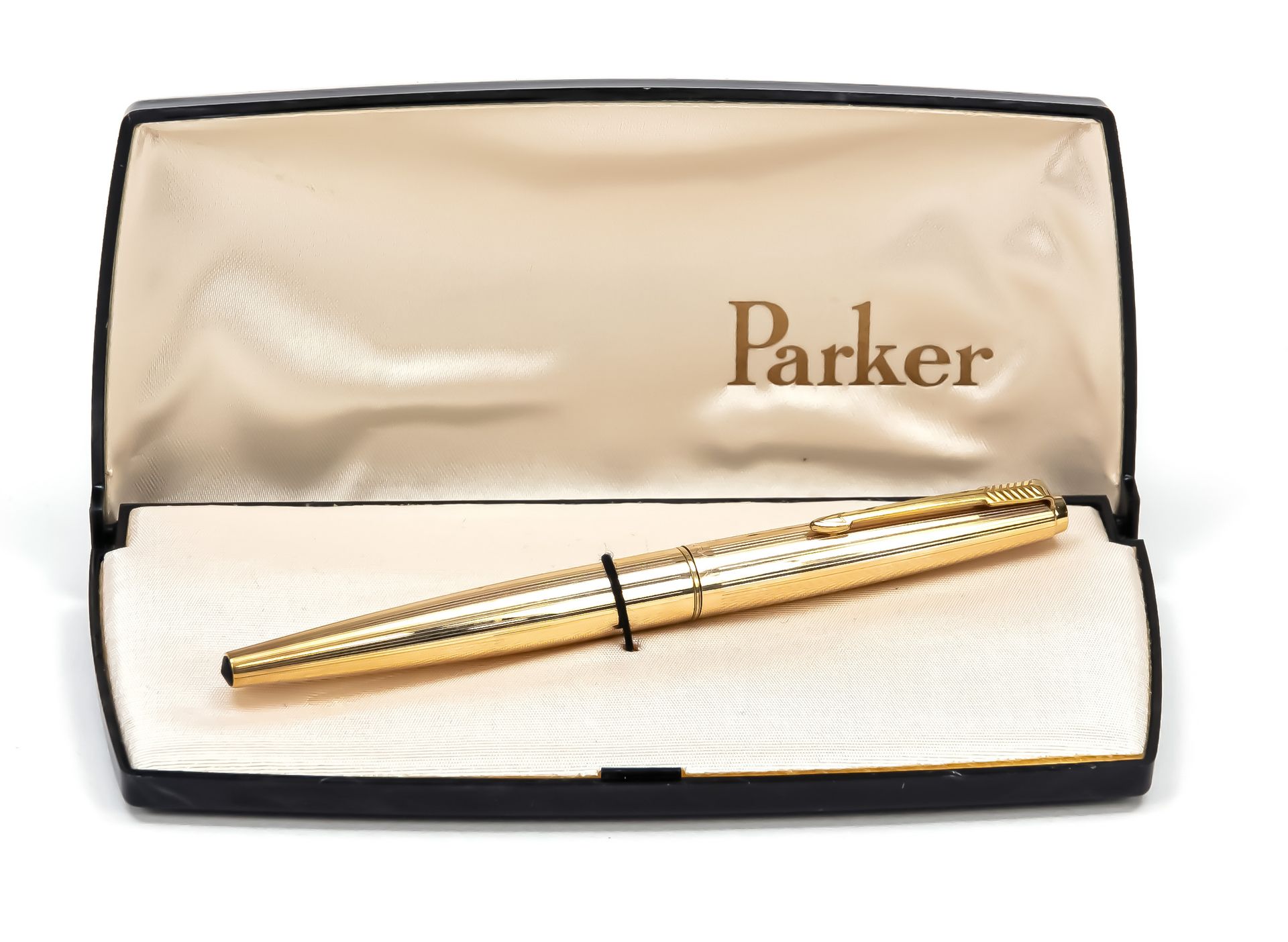 Null 派克转换器钢笔，20世纪下半叶，镀金笔尖，镀金和黑色的盒子，长13.8厘米，在盒子里，长16.5厘米