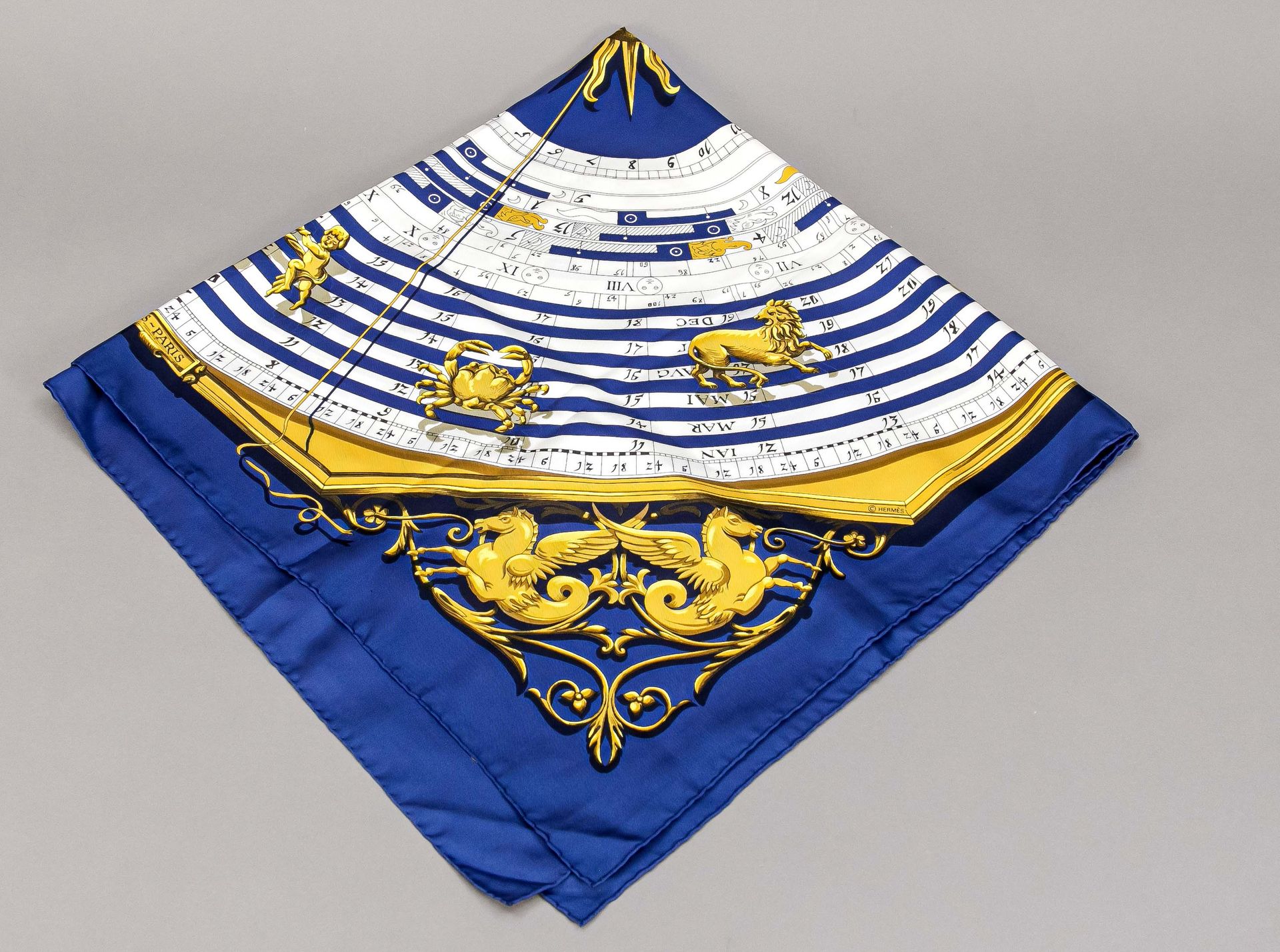 Null Hermes, foulard carré à motifs polychromes en pure soie, ourlet roulé, trac&hellip;