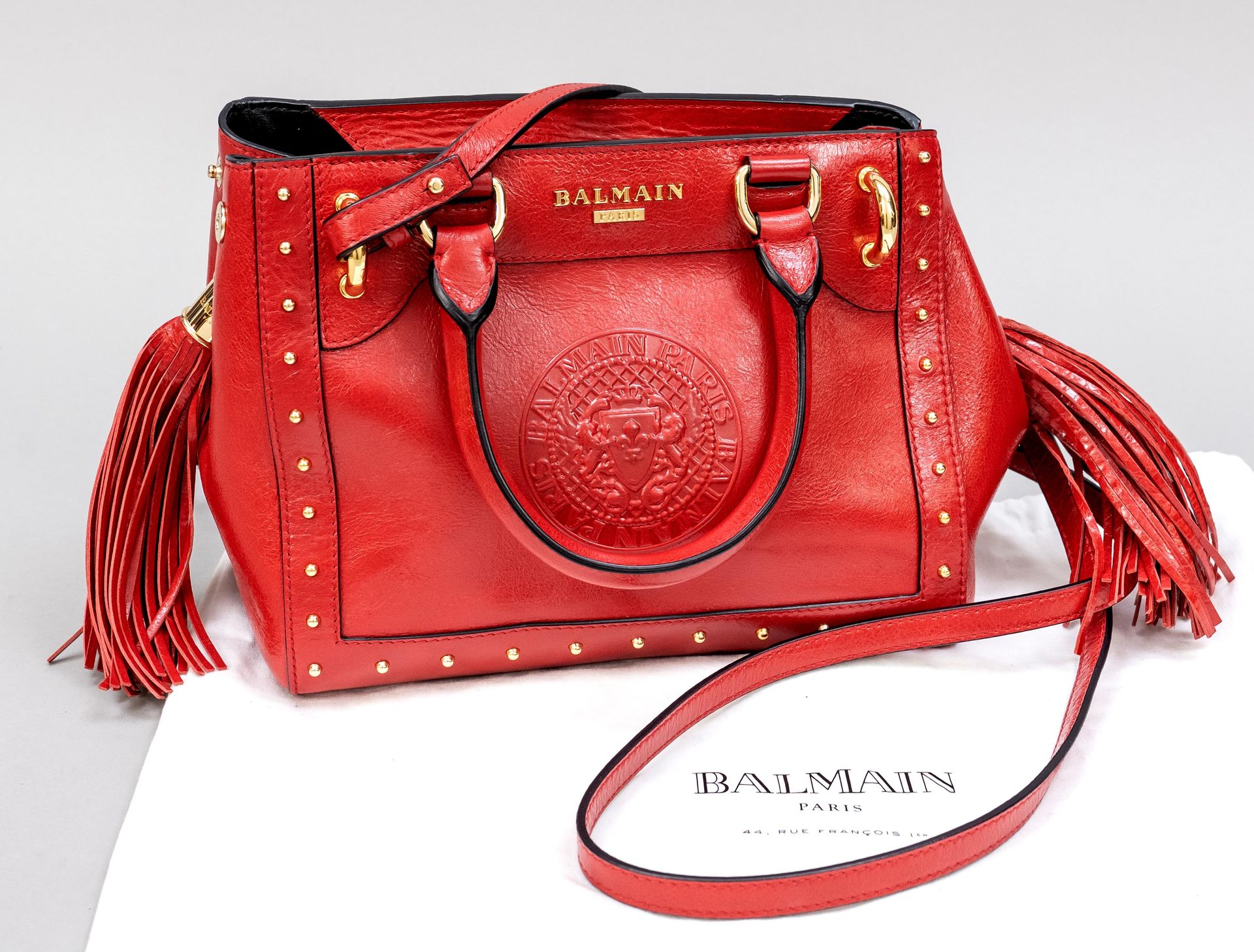 Null Balmain, Red Fringe Trapezoid Mini Tote Bag, fiery red leather with frontal&hellip;