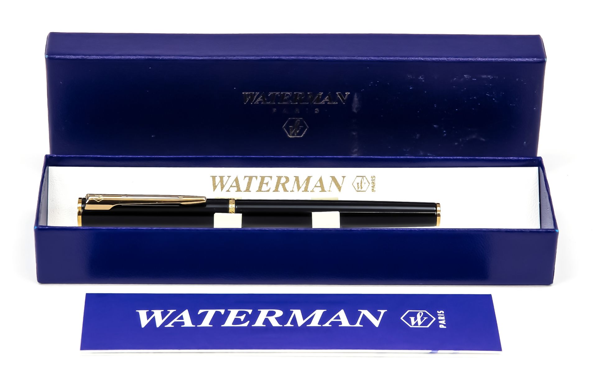 Null 沃特曼转换器钢笔，法国，20世纪下半叶，镀金笔尖，黑色盒子，镀金应用，长13.8厘米，在盒子里，长19.5厘米