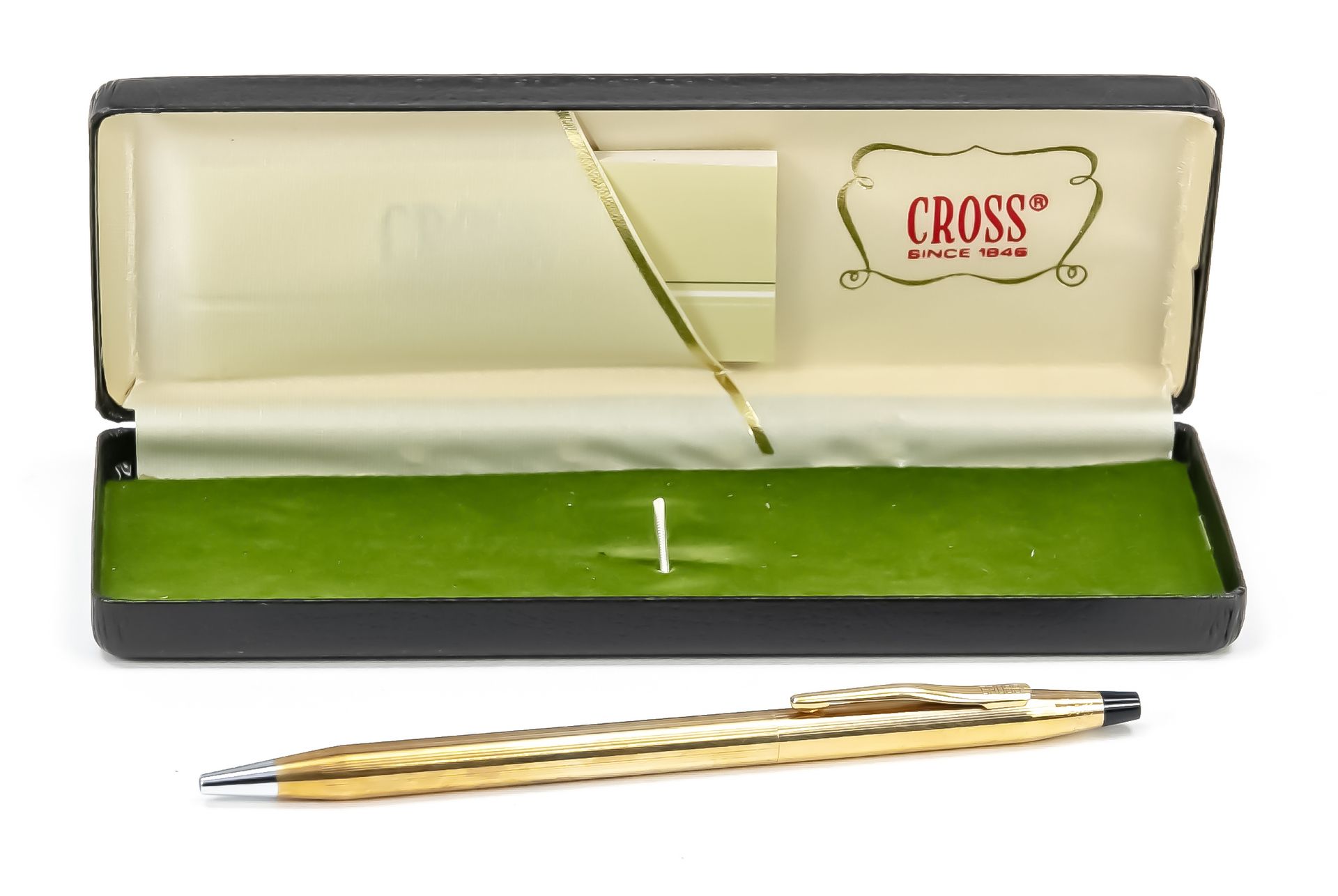 Null Cross biros，爱尔兰制造，20世纪下半叶，10克拉镀金硬壳，带条纹装饰，长13.4厘米，装在盒子里，长16.5厘米